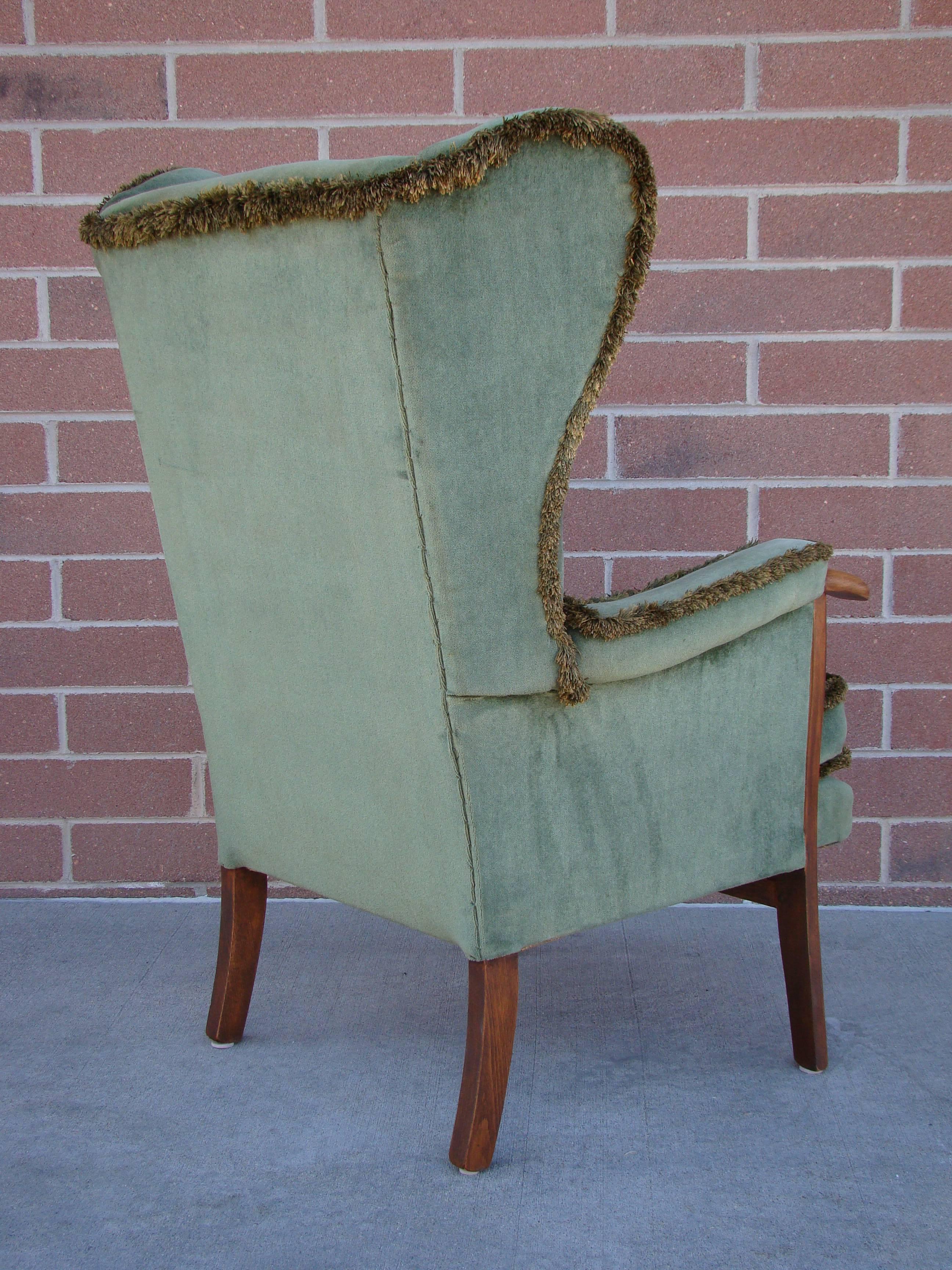 Upholstery Fine Pair of Vintage Scandinavian Wingback Chairs with Exposed Walnut Detail For Sale