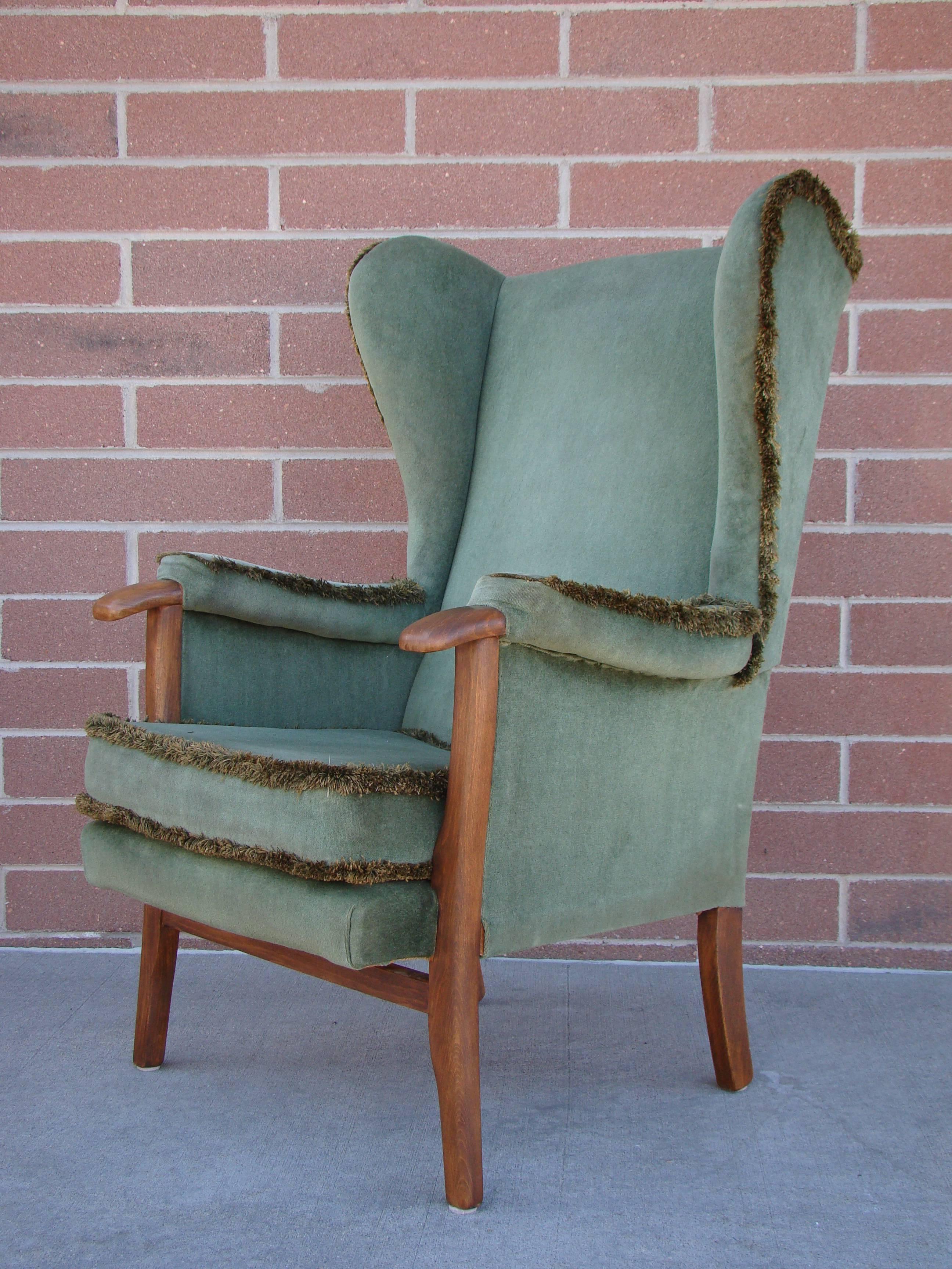 Fine Pair of Vintage Scandinavian Wingback Chairs with Exposed Walnut Detail For Sale 2