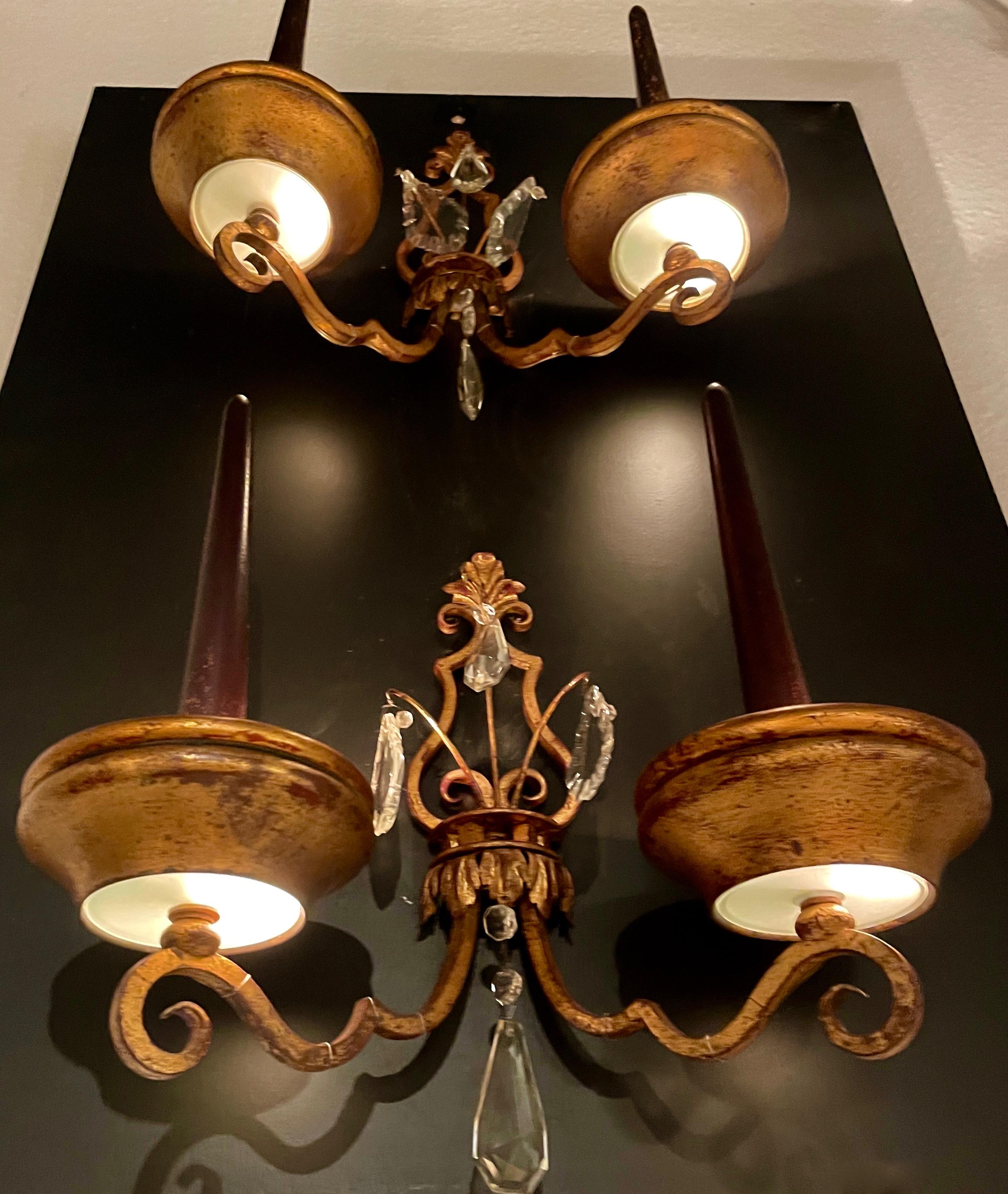 Fine pair of baroque 1940 sconces.
Two lights each, fake painted wood candles.
Attributed to Maison Bagues-France.
.

 