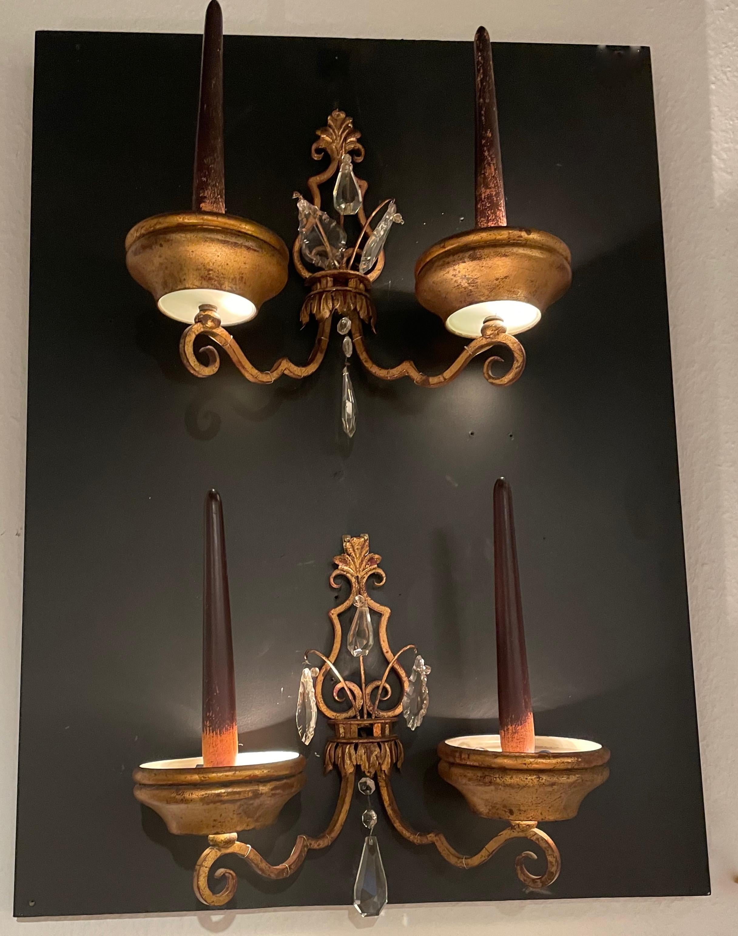 French Fine Pair of Gilded Wall Lights Attributed to Baguès, France, 1940 For Sale