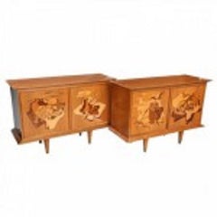 Fine Pair of Walnut and Inlaid Wood Two-Door Credenza, Luigi Scremin