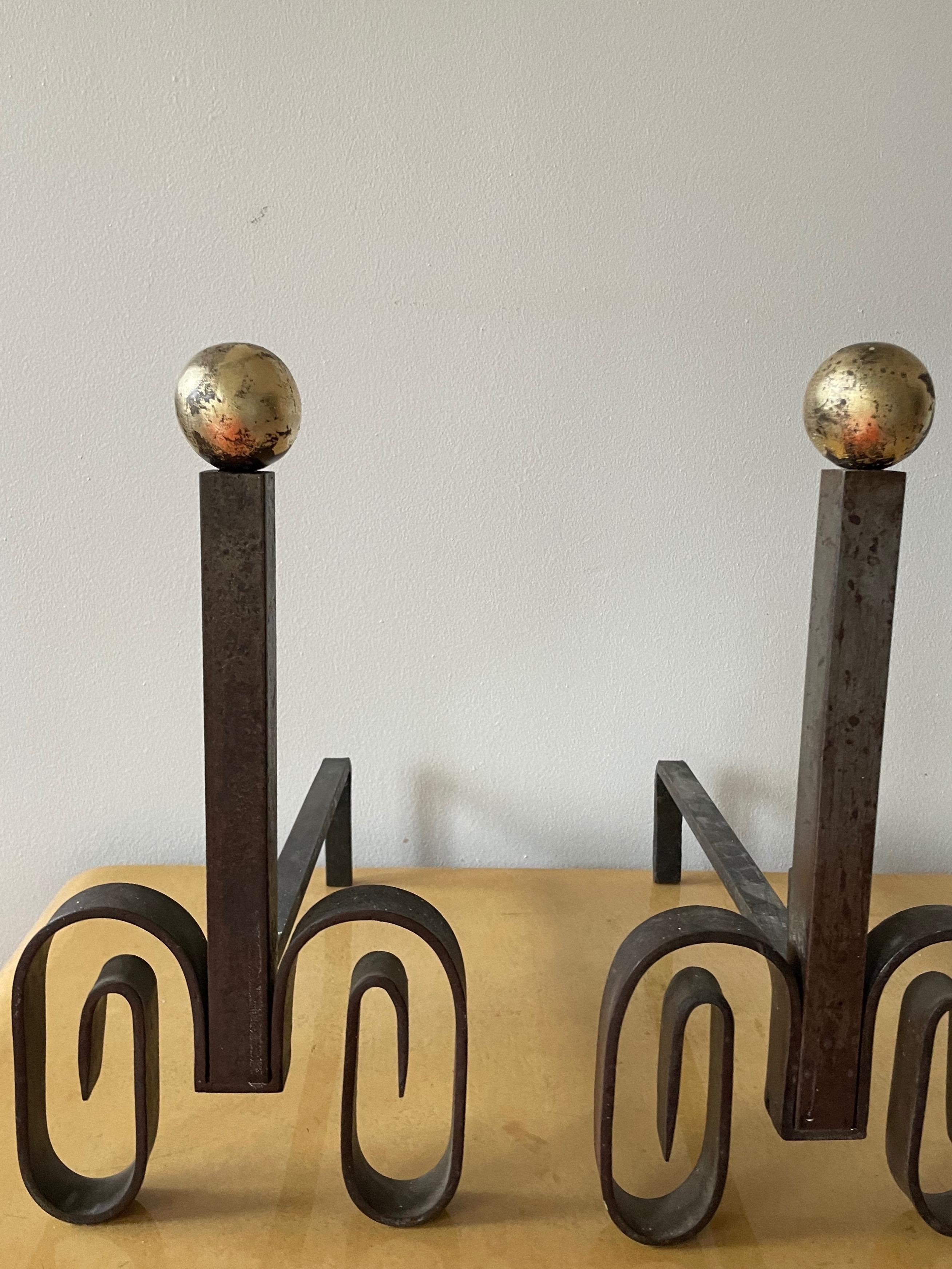 French Fine Pair of Wrought-Iron Andirons Attributed to Gilbert Poillerat, France 1940 For Sale