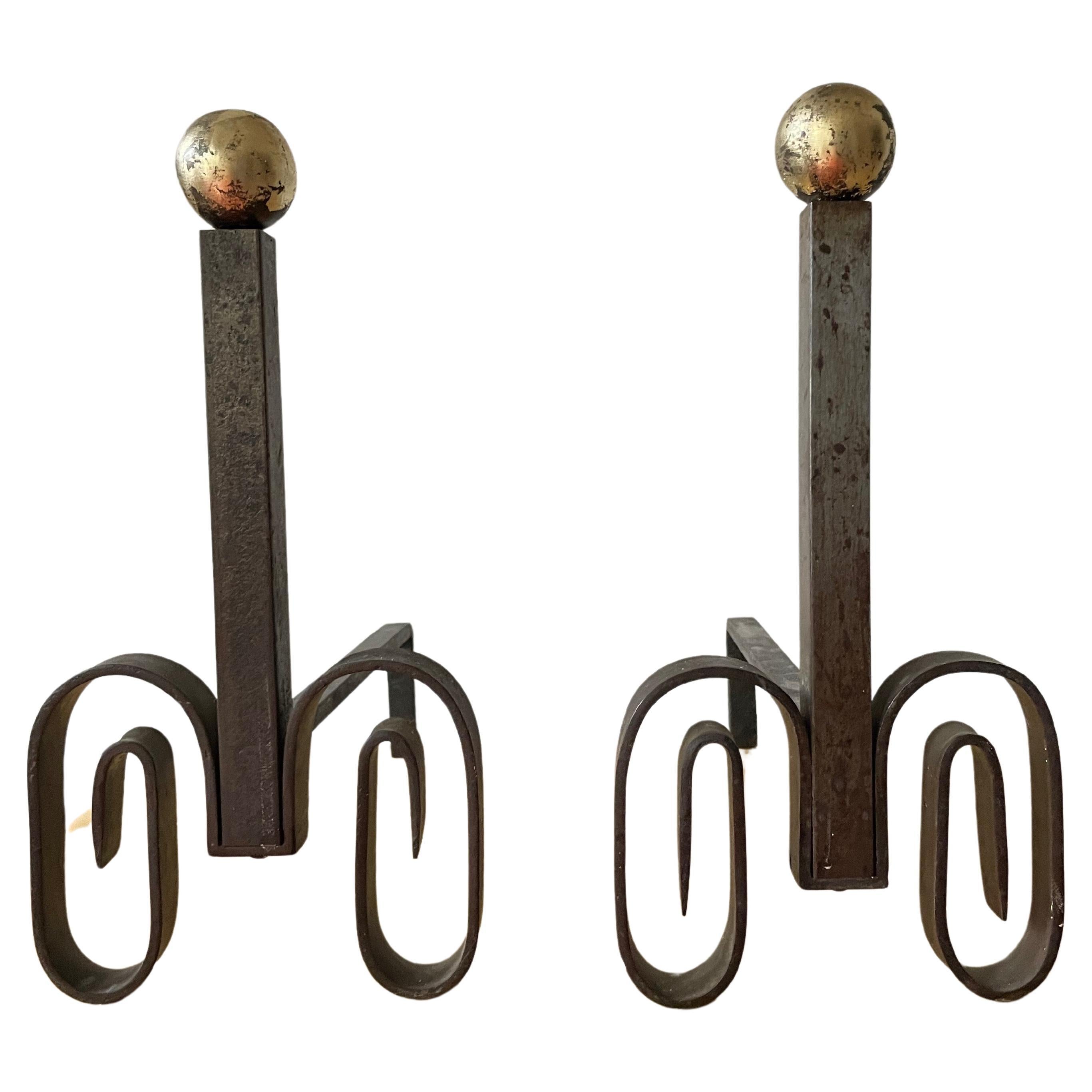 Fine Pair of Wrought-Iron Andirons Attributed to Gilbert Poillerat, France 1940