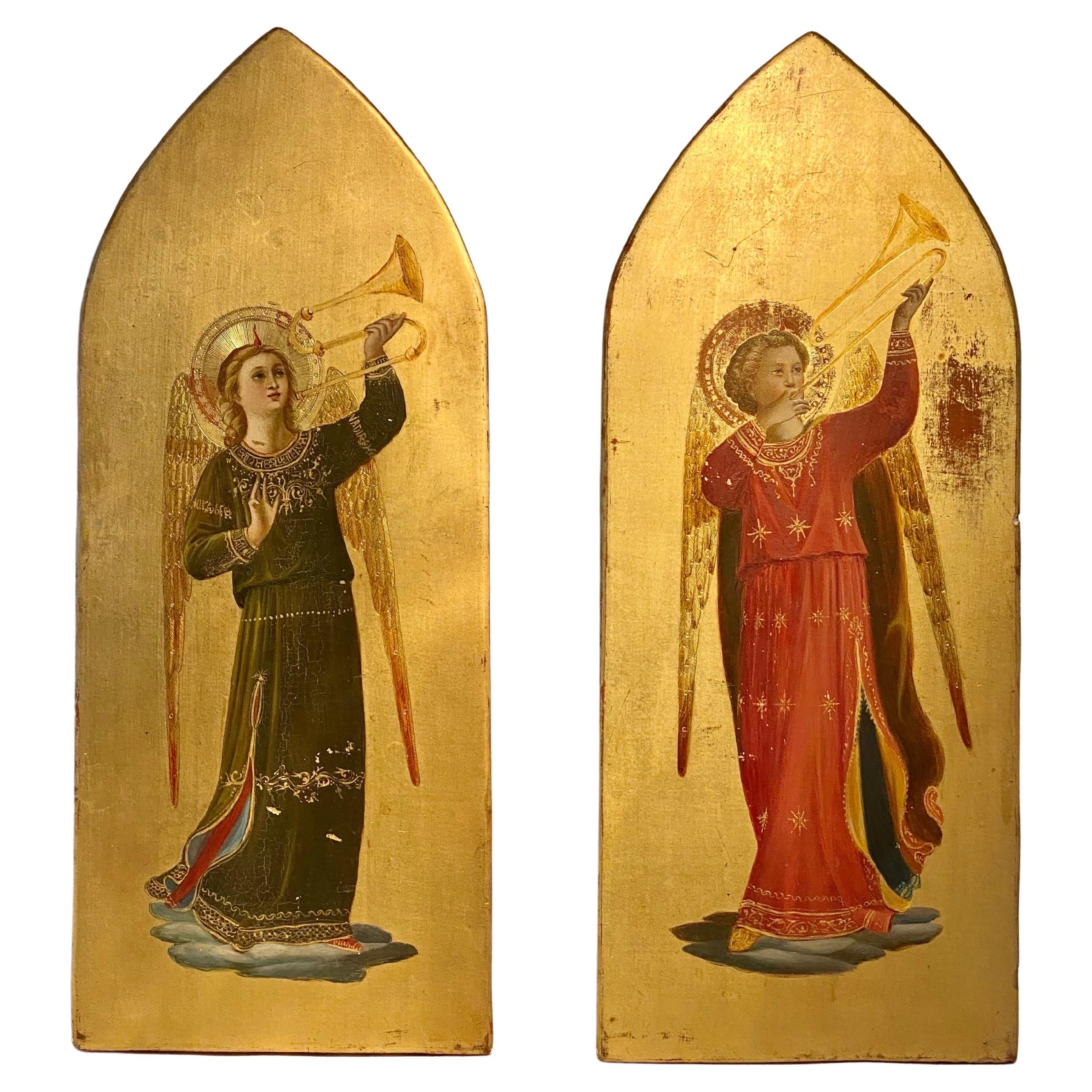 A delightful pair of paintings After Fra Angelico
Angels playing trumpets. Superbly painted in the 19th century.
A pair, both tempera and gilt paint on panel, arched tops.
They both have a red seal wax coat of arms on the back.
After the