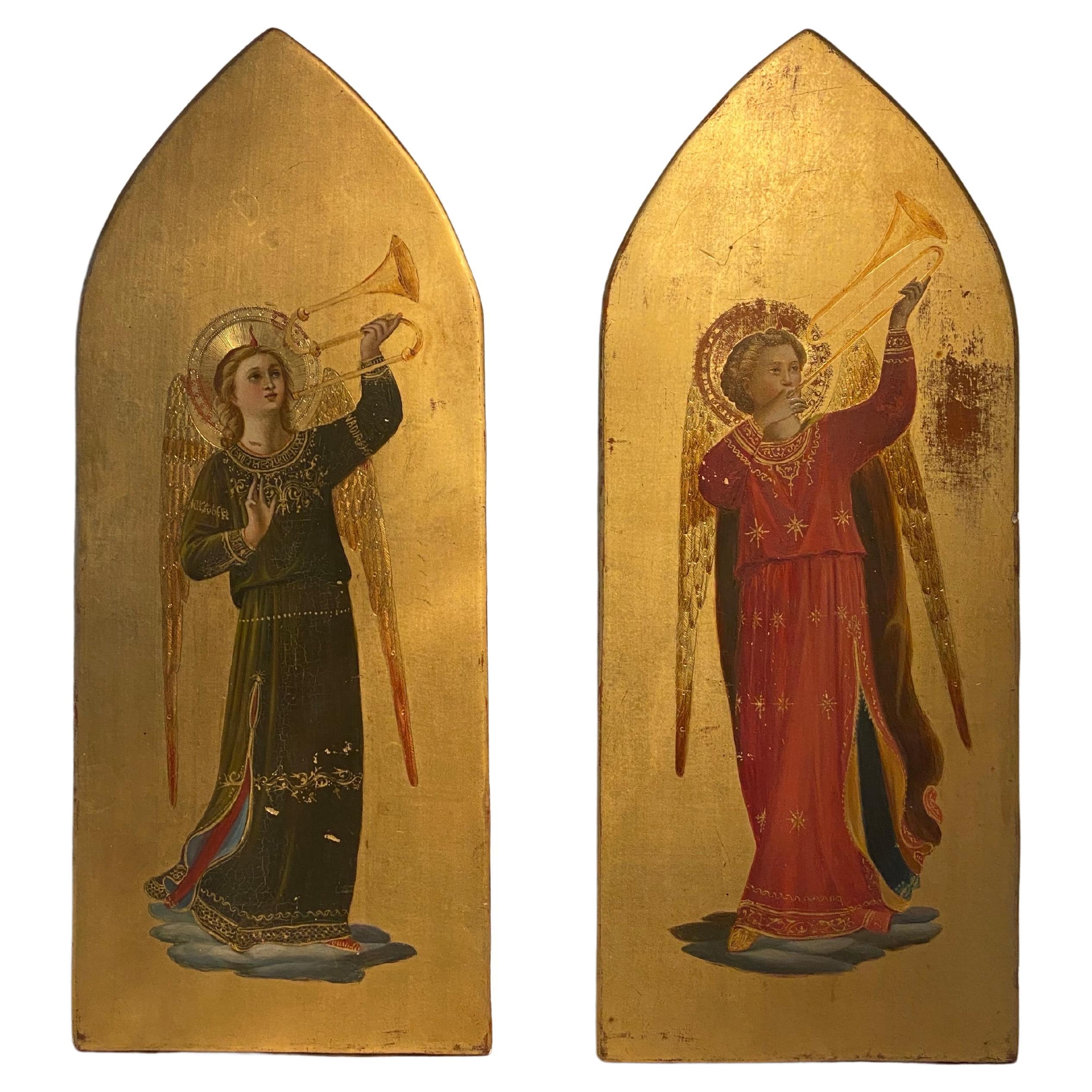 Fine Pair Painted Angel Panels After Fra Angelico, circa 19th Century For Sale