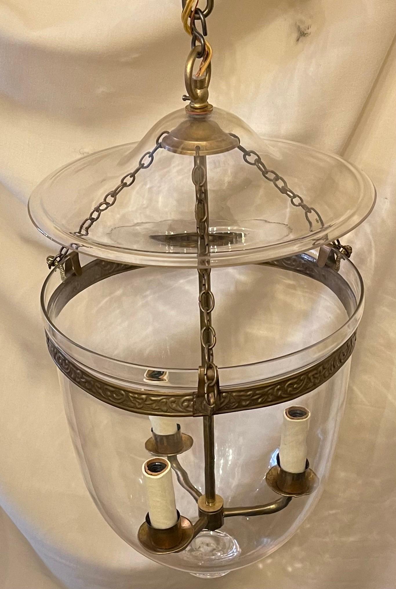 Fine Pair Regency Vaughan Designs English Bronze Bell Jar Blown Glass Lanterns In Good Condition In Roslyn, NY