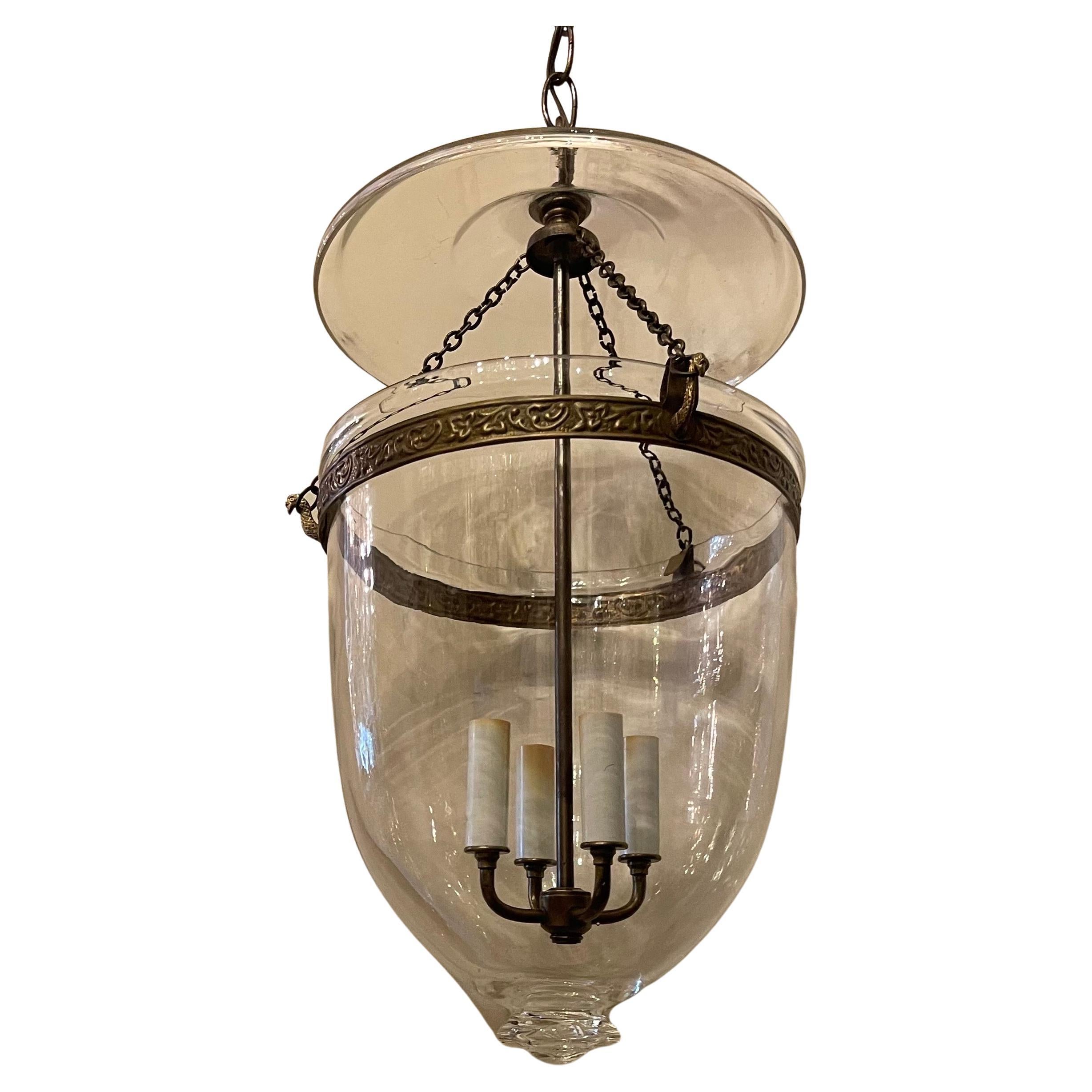 A Fine Pair Of Regency Style Vaughan Designs English Brass / Bronze Blown Glass Bell Jar Lanterns With 4 Candelabra Lights In Each

Pair Is Available
Each Sold Separately