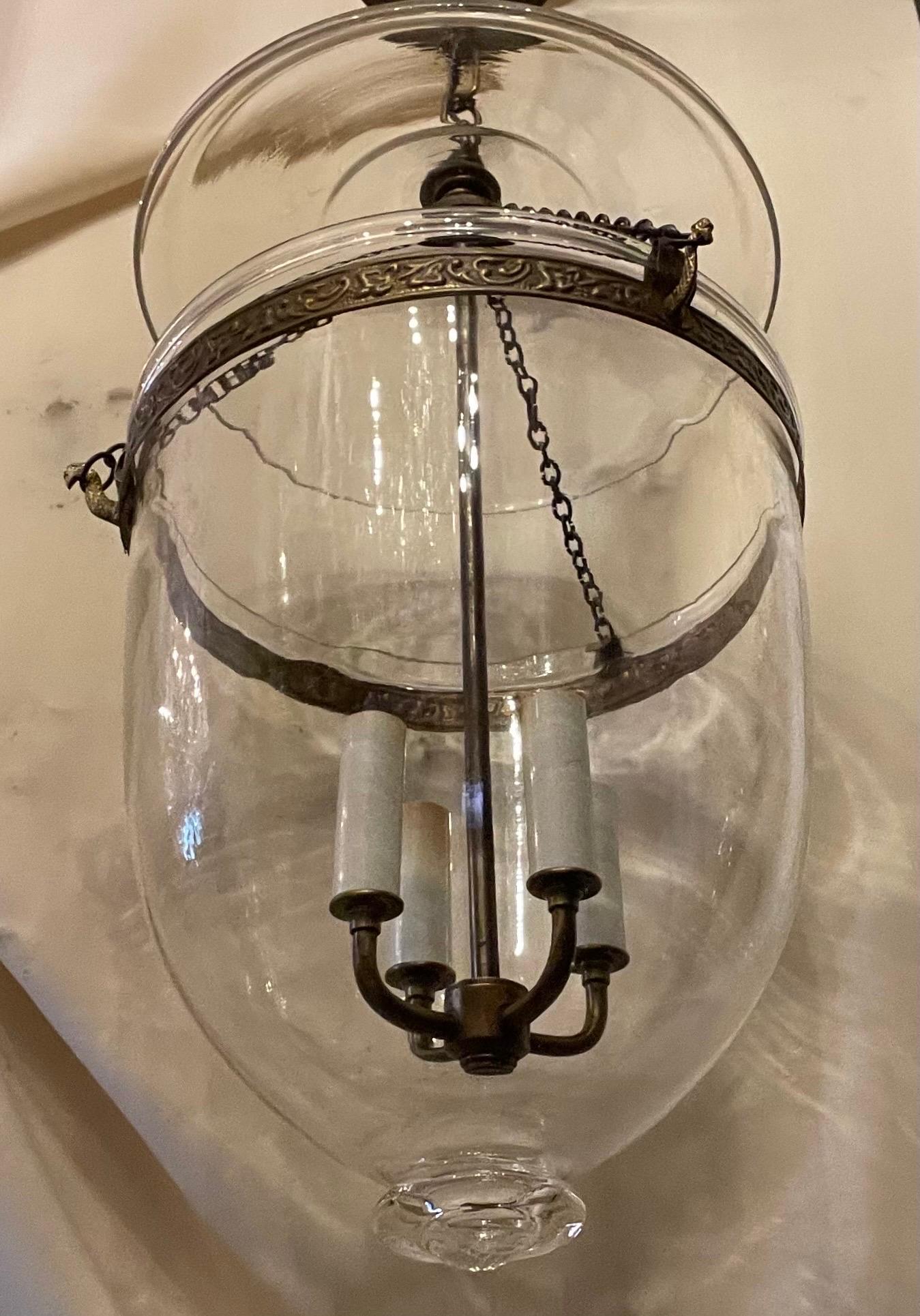 Fine Pair Regency Vaughan Designs English Bronze Bell Jar Blown Glass Lanterns In Fair Condition In Roslyn, NY