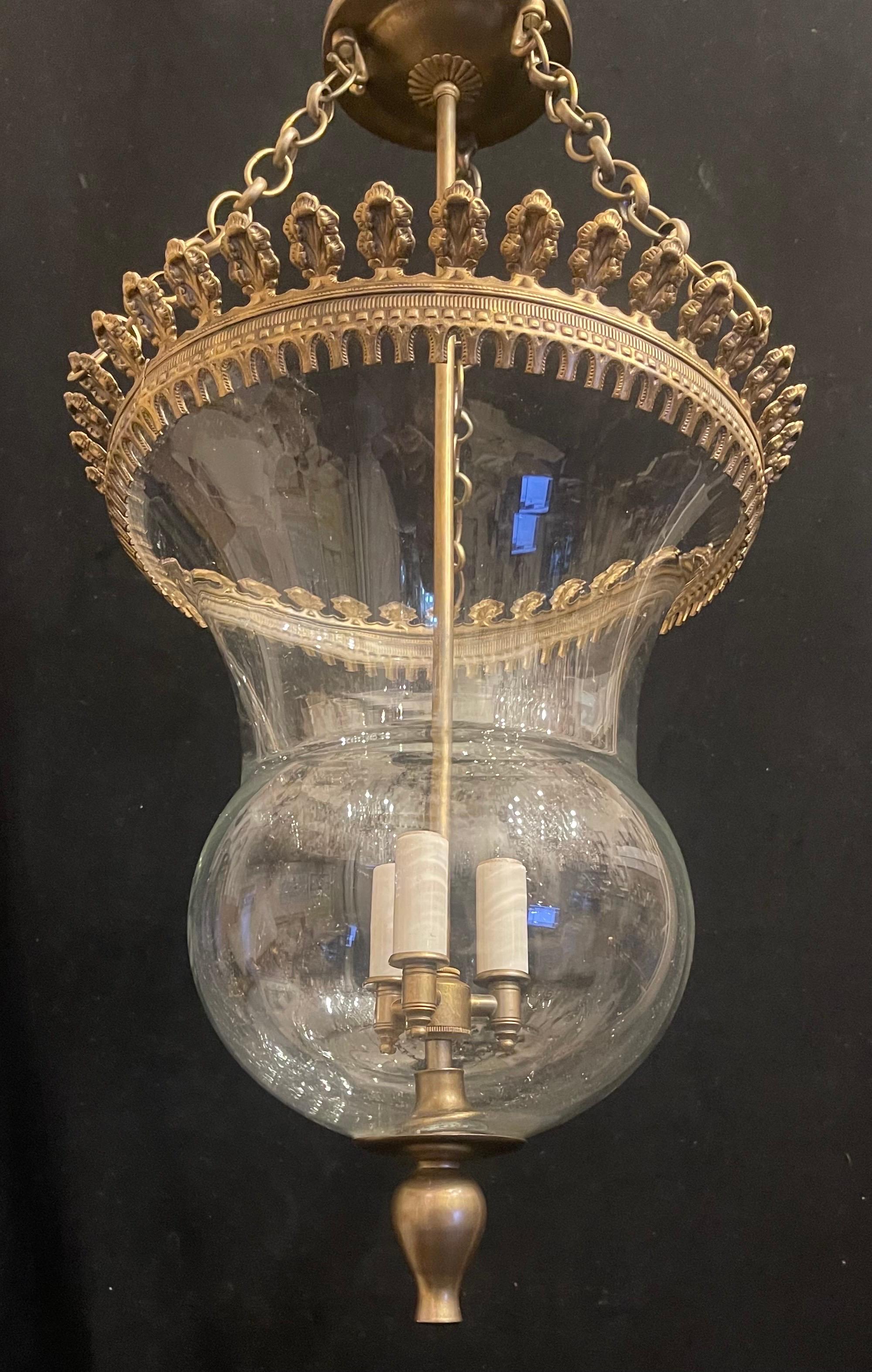 Fine Pair Regency Vaughan Designs English Bronze Bell Jar Blown Glass Lanterns In Good Condition In Roslyn, NY