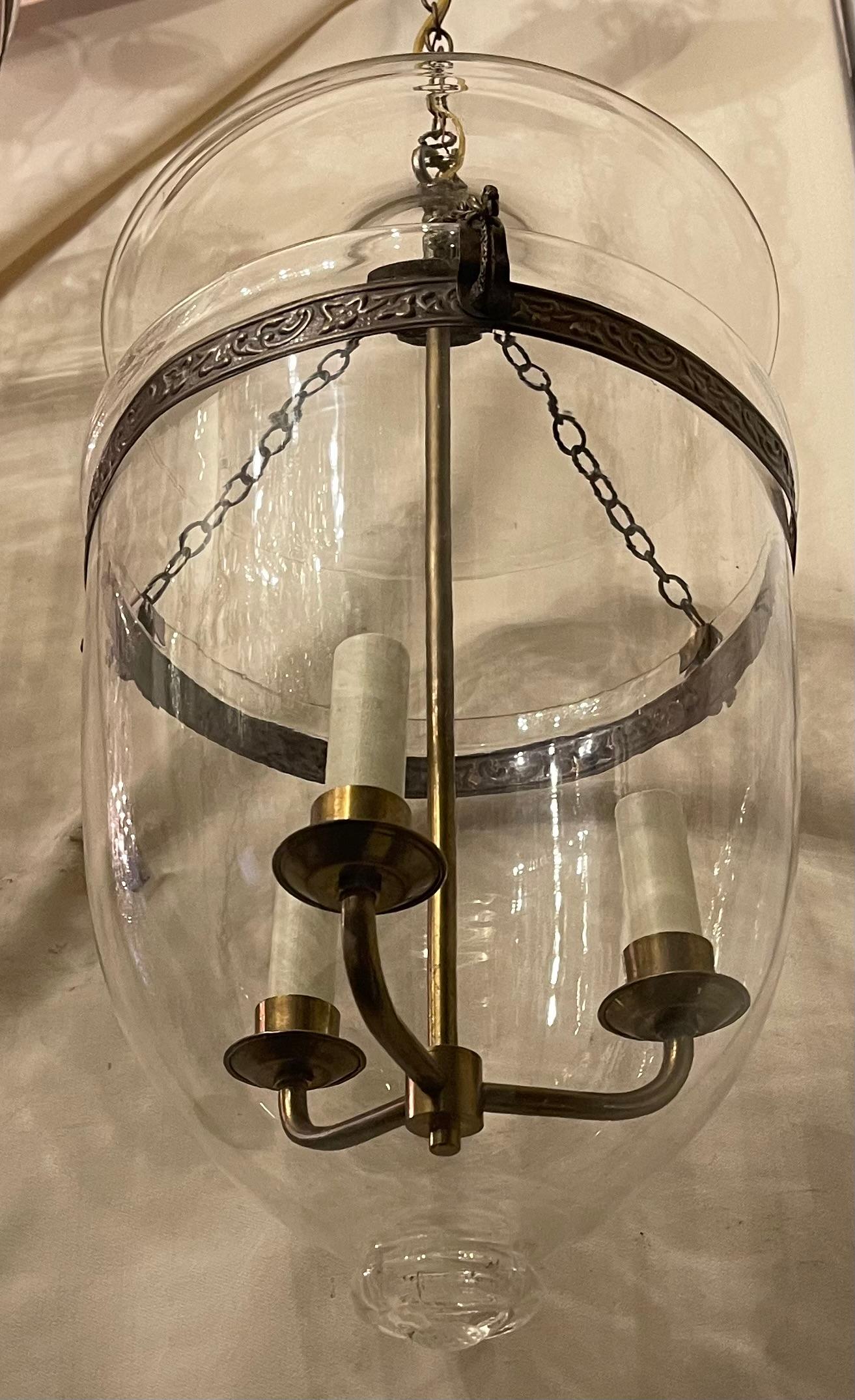 Fine Pair Regency Vaughan Designs English Bronze Bell Jar Blown Glass Lanterns In Good Condition For Sale In Roslyn, NY