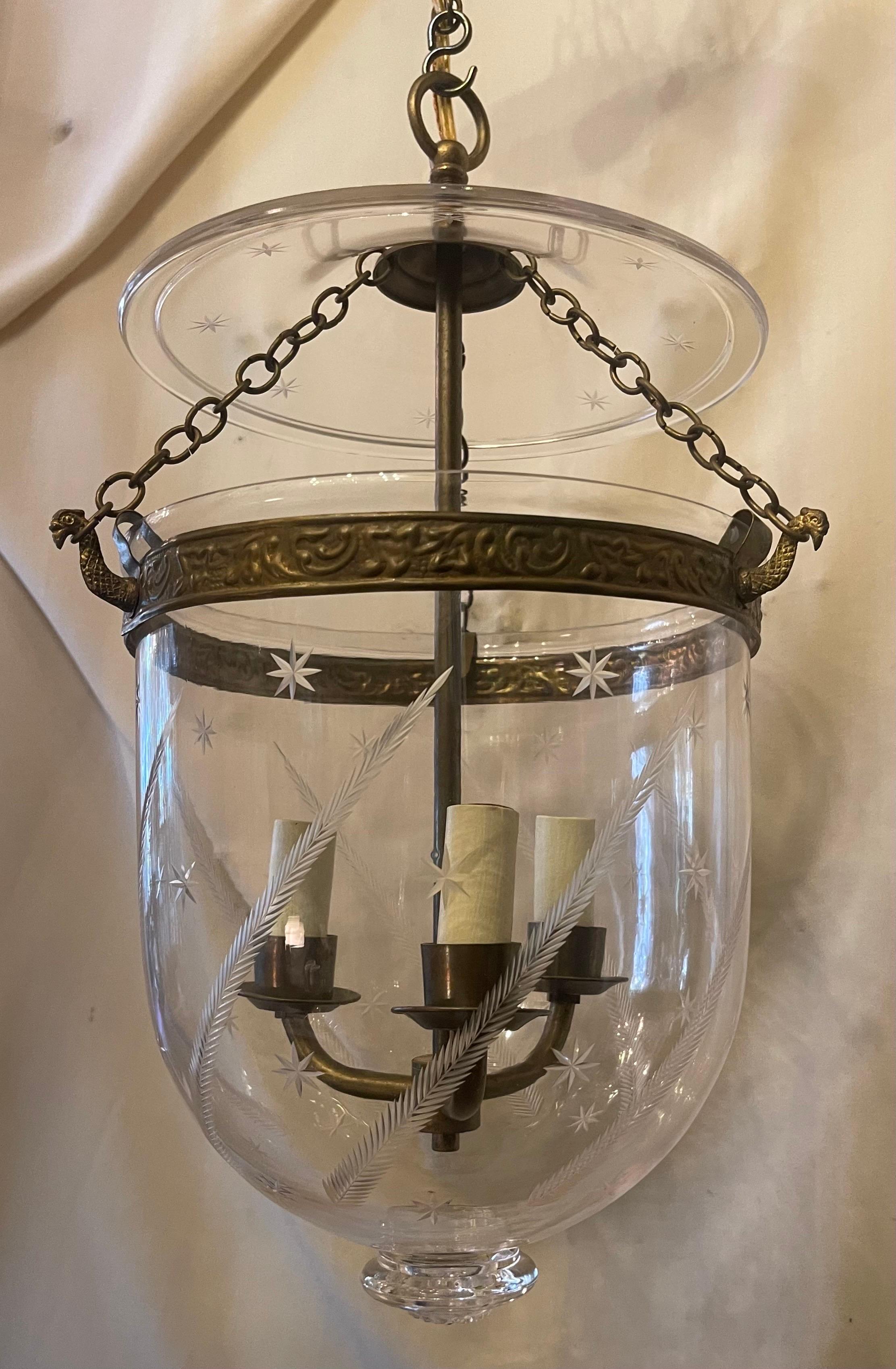 Etched Fine Regency Vaughan Designs English Bronze Bell Jar Blown Glass Lantern Fixture