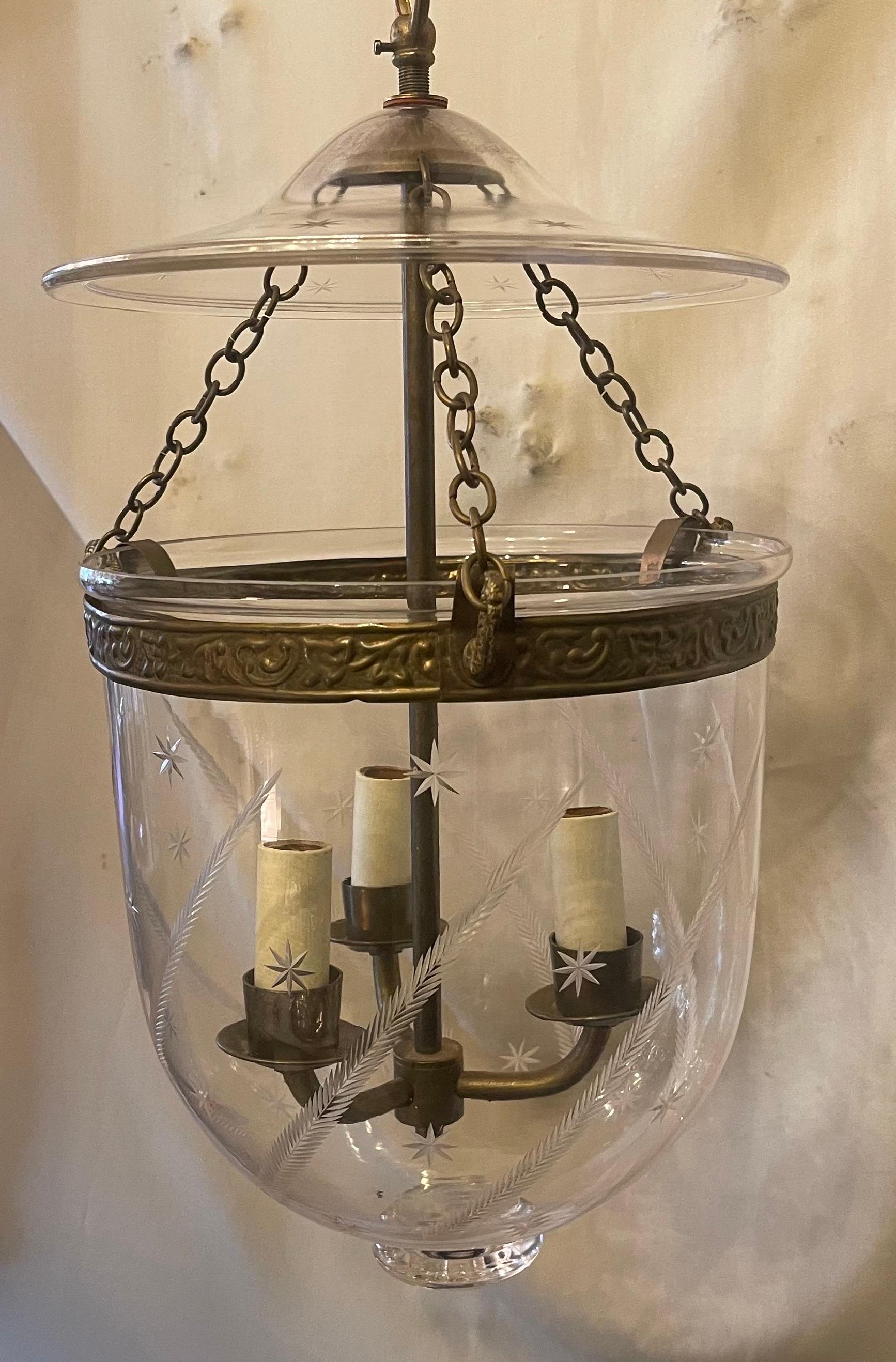 20th Century Fine Pair Regency Vaughan Designs English Bronze Bell Jar Blown Glass Lanterns For Sale
