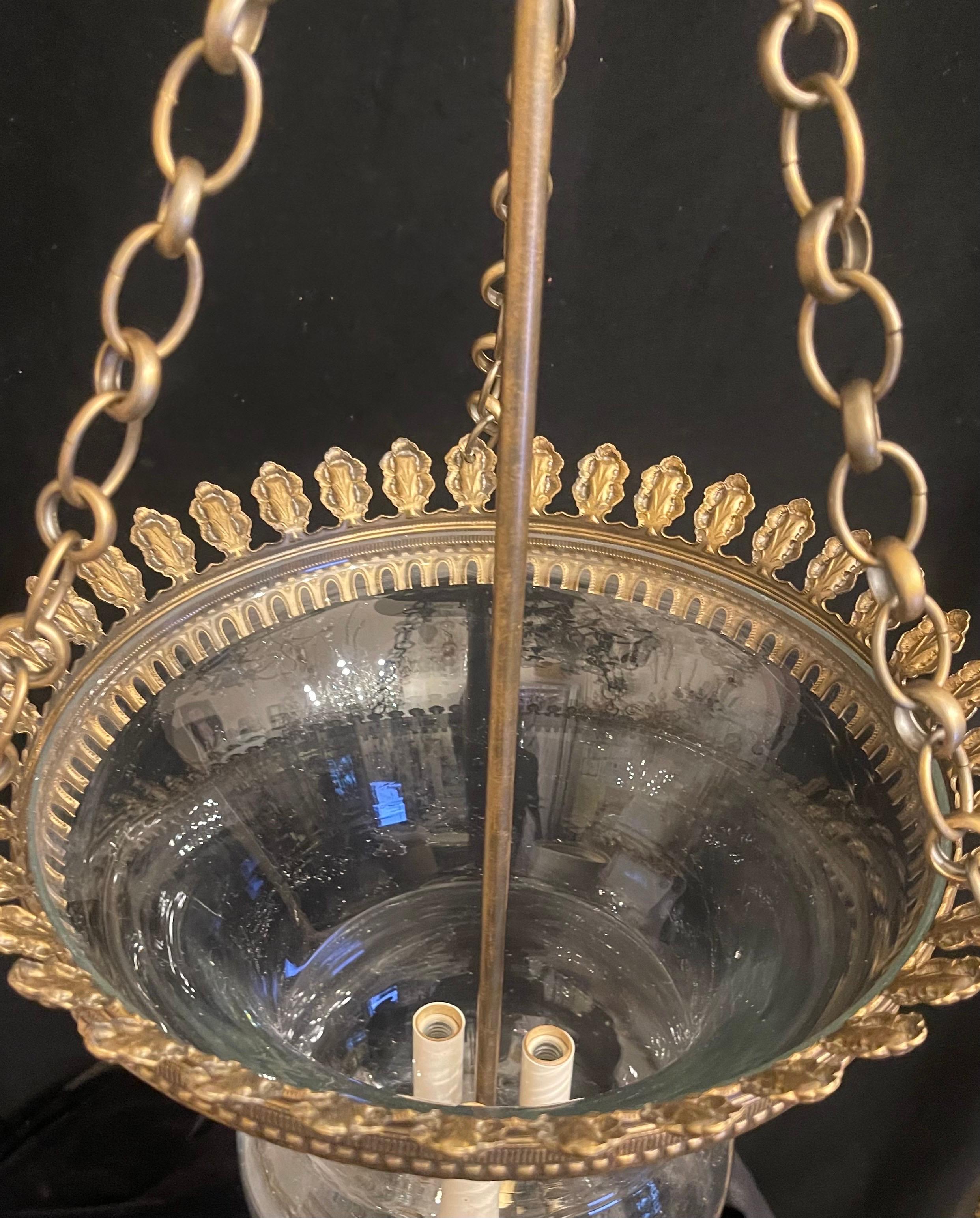Brass Fine Pair Regency Vaughan Designs English Bronze Bell Jar Blown Glass Lanterns