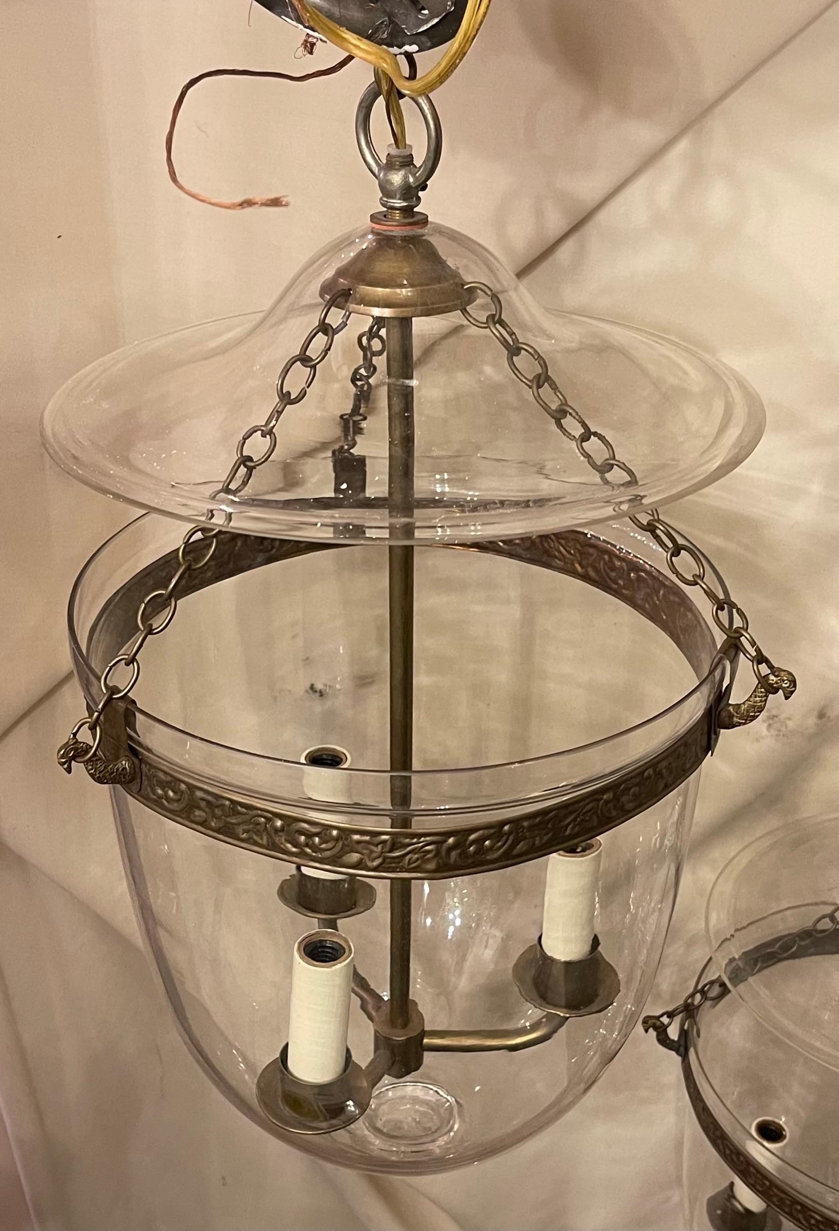 Brass Fine Pair Regency Vaughan Designs English Bronze Bell Jar Blown Glass Lanterns For Sale