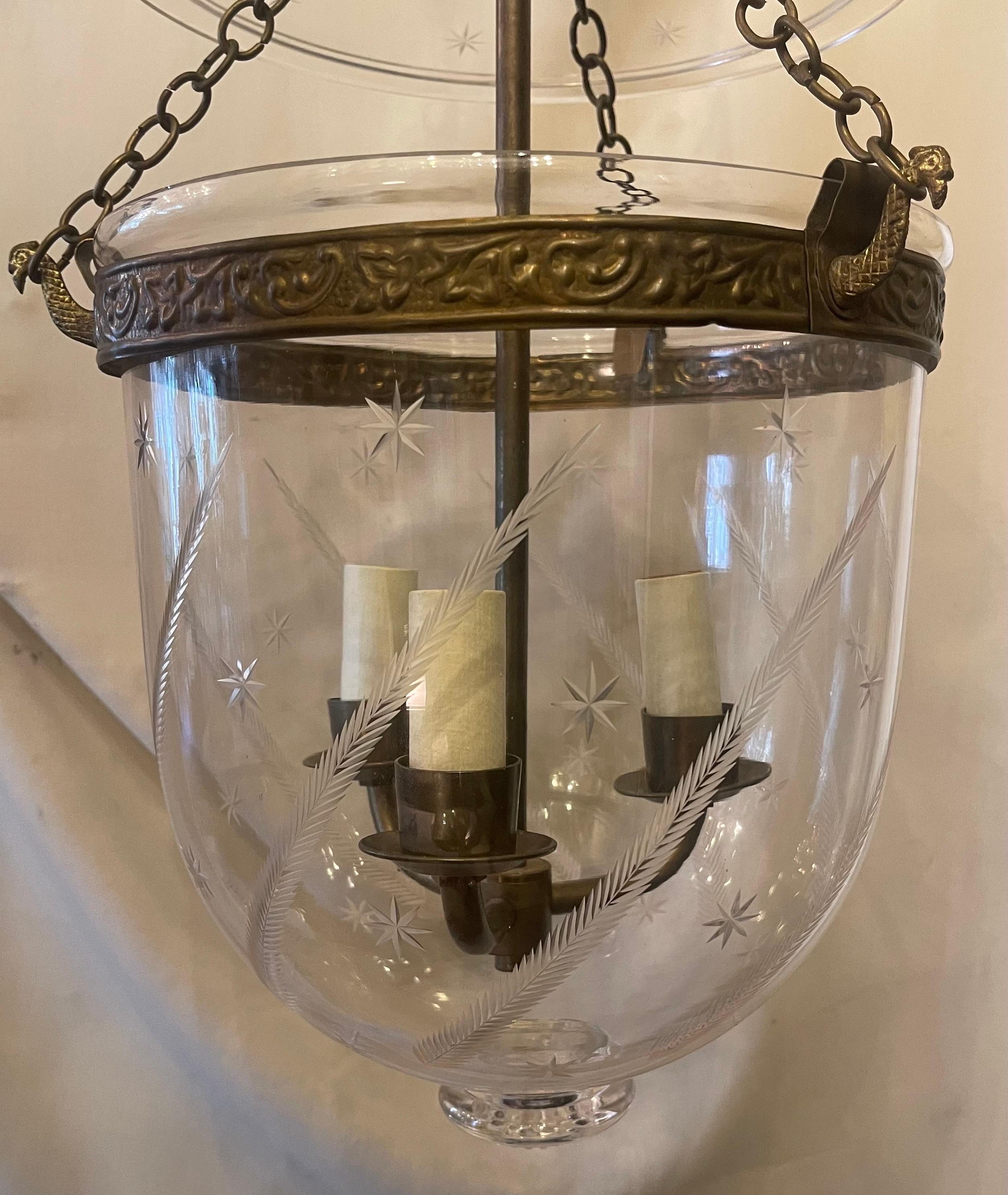 Fine Pair Regency Vaughan Designs English Bronze Bell Jar Blown Glass Lanterns For Sale 1
