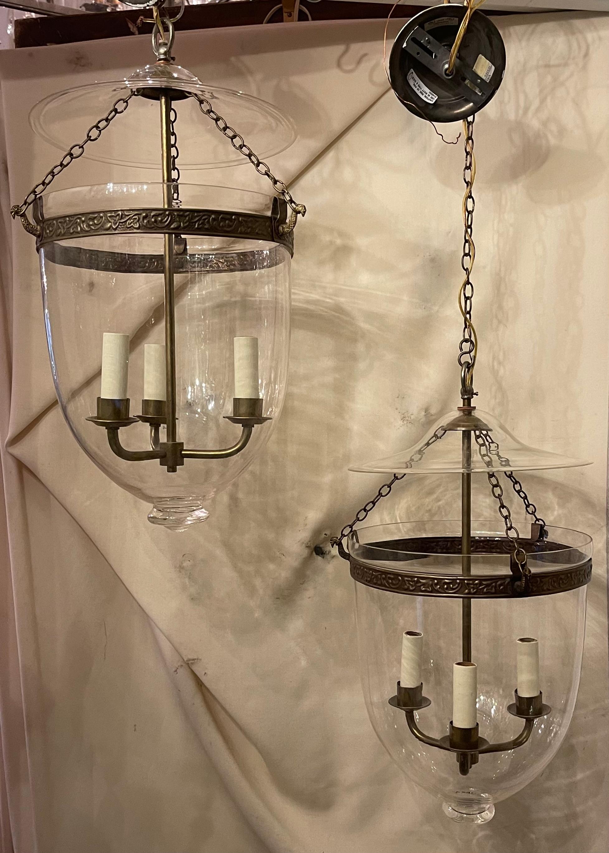 Fine Pair Regency Vaughan Designs English Bronze Bell Jar Blown Glass Lanterns For Sale 2