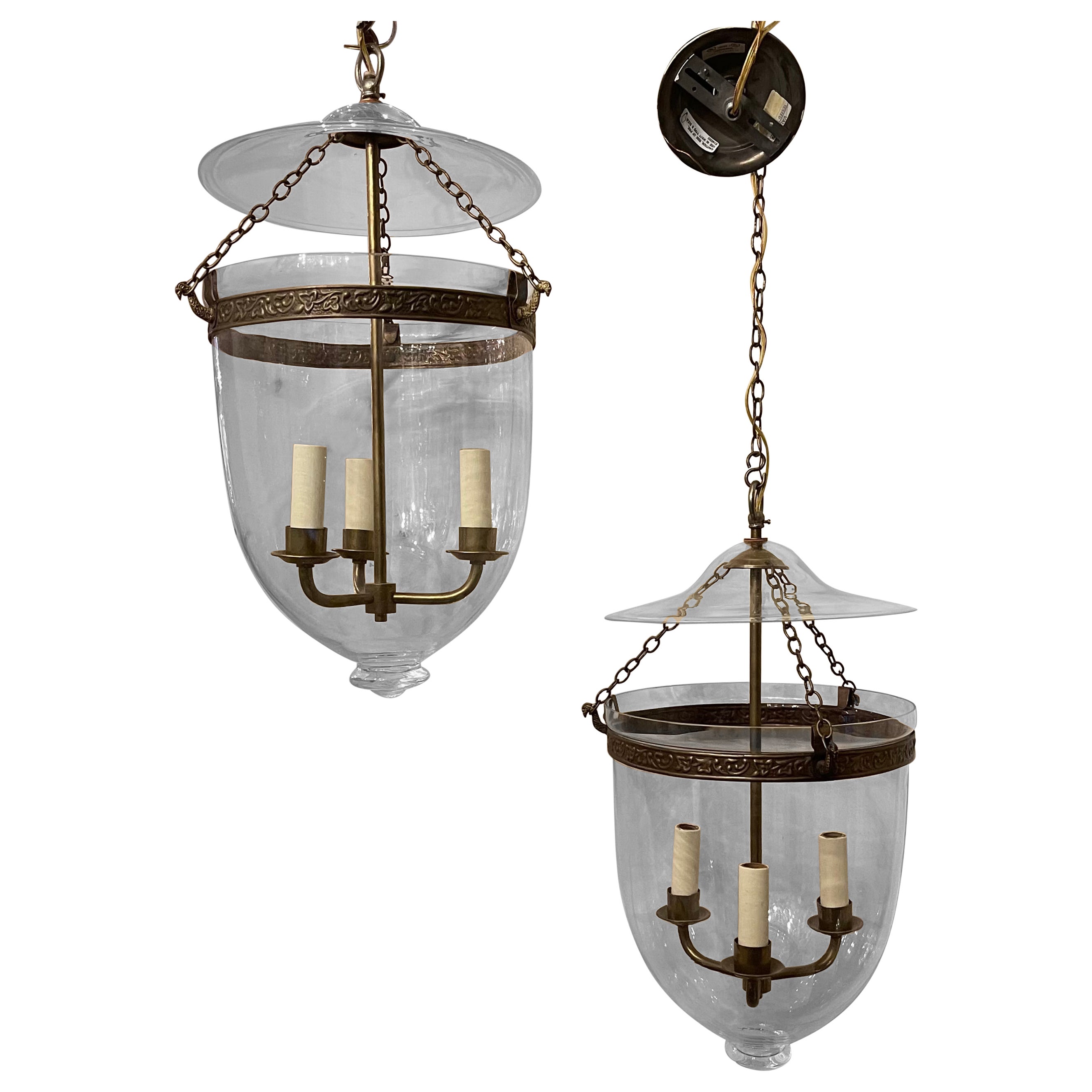 Fine Pair Regency Vaughan Designs English Bronze Bell Jar Blown Glass Lanterns