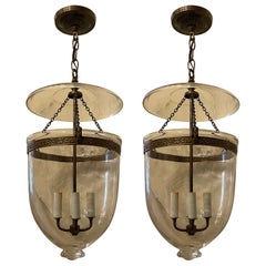 Fine Pair Regency Vaughan Designs English Bronze Bell Jar Blown Glass Lanterns