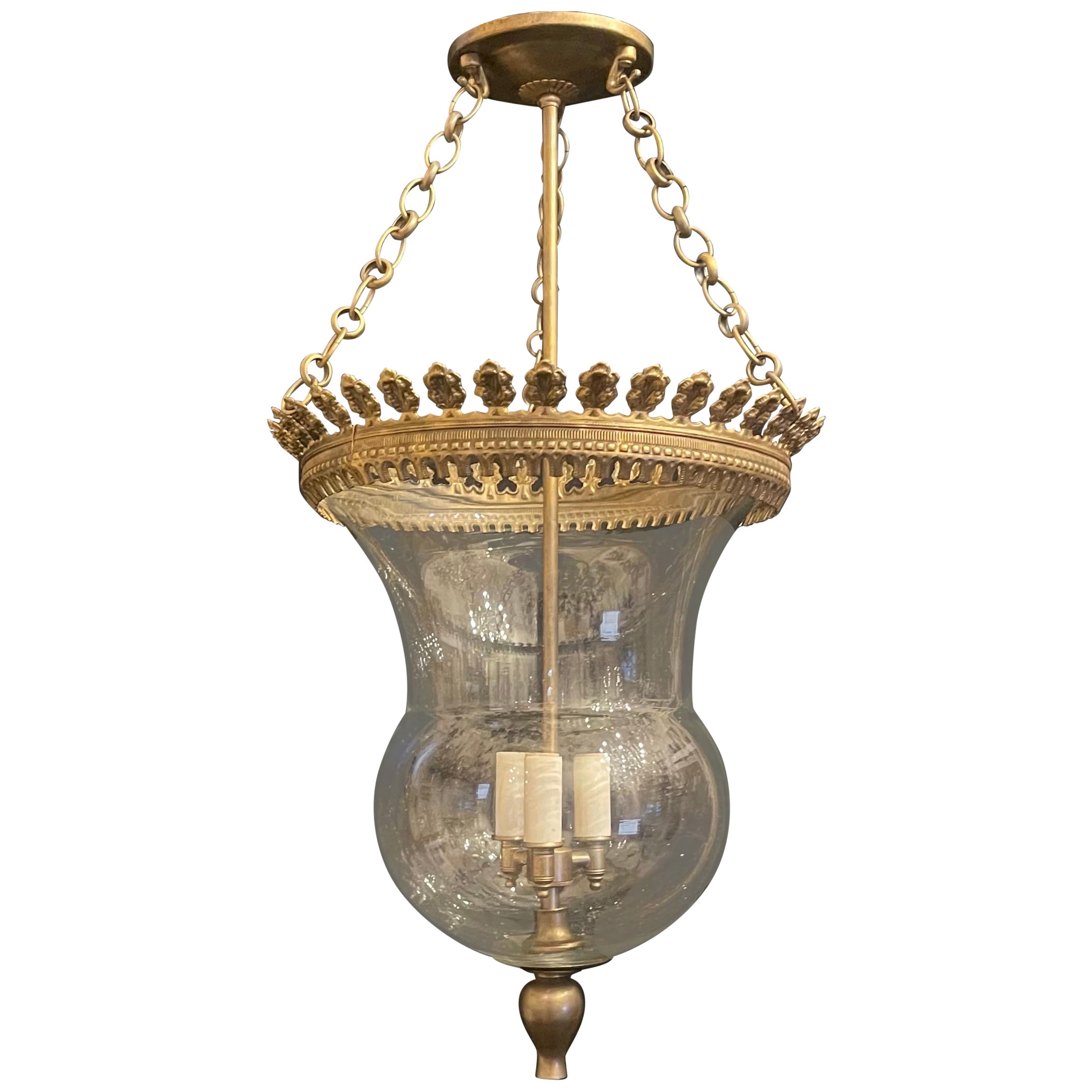 Fine Pair Regency Vaughan Designs English Bronze Bell Jar Blown Glass Lanterns