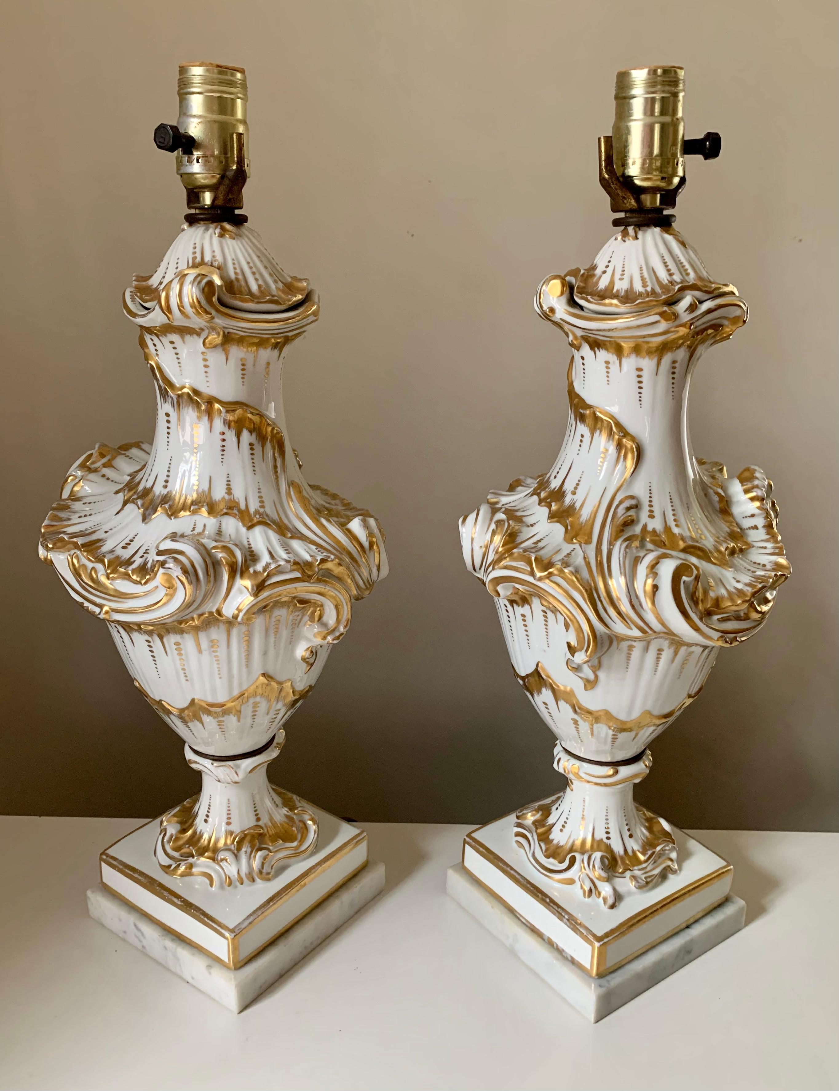 Fine Pair Rococo Style White and Gold Porcelain Table Lamps, 19th Century For Sale 6