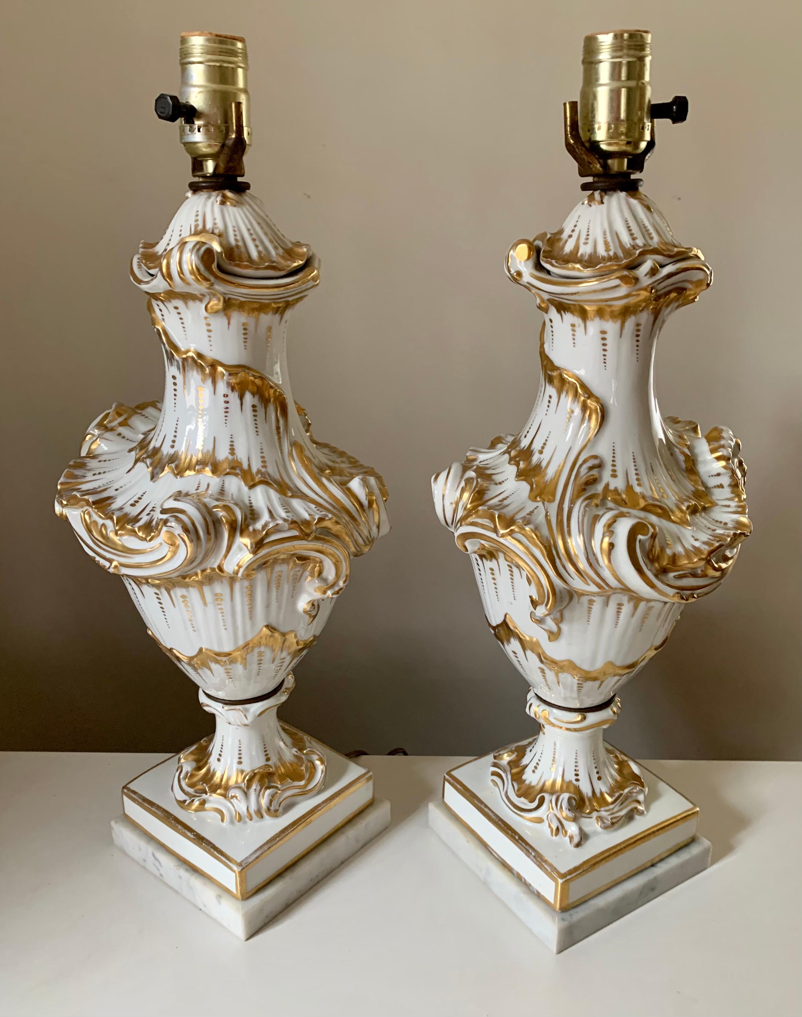 Fine Pair Rococo Style White and Gold Porcelain Table Lamps, 19th Century For Sale 7