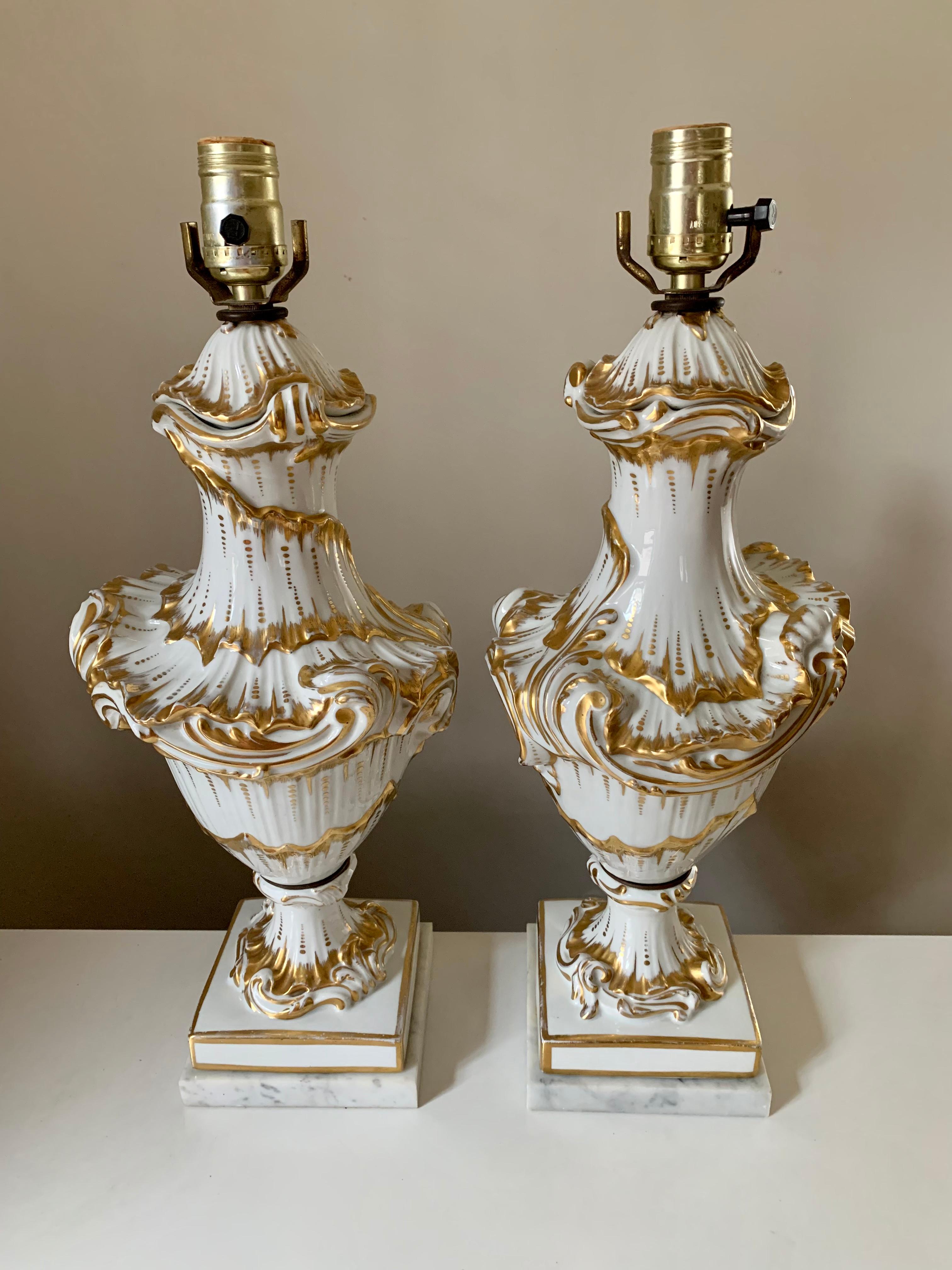 Fine Pair Rococo Style White and Gold Porcelain Table Lamps, 19th Century For Sale 8