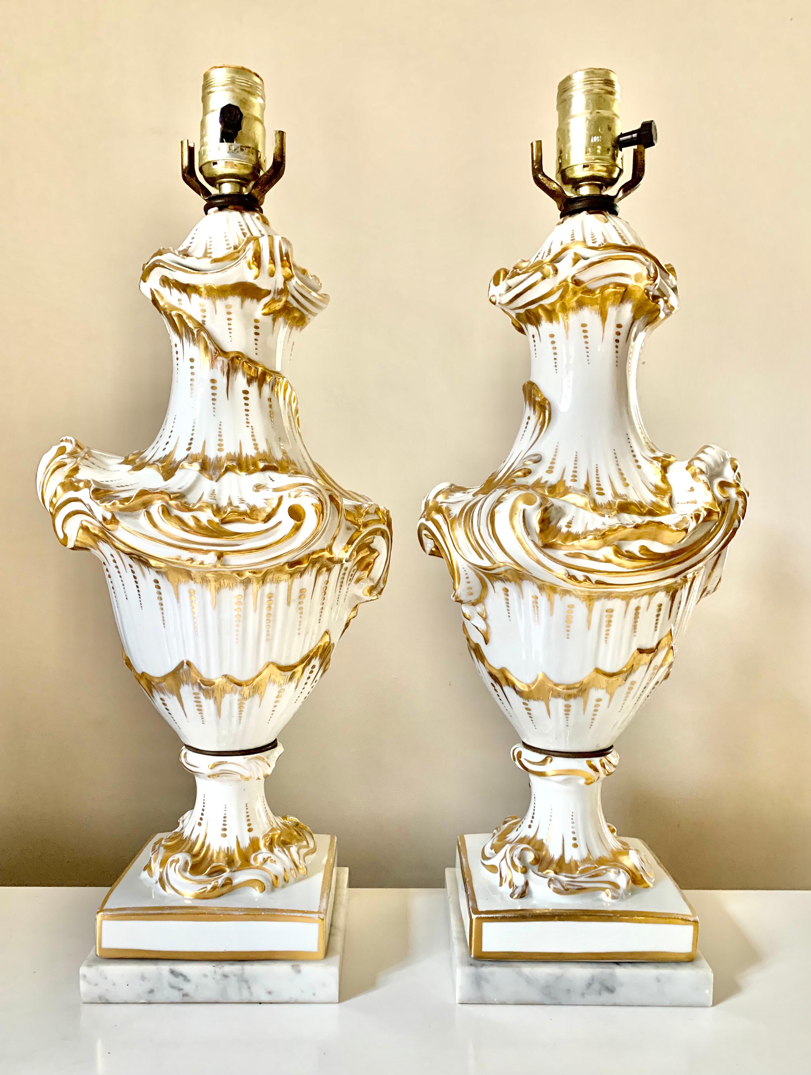 Fine Pair Rococo Style White and Gold Porcelain Table Lamps, 19th Century For Sale 9