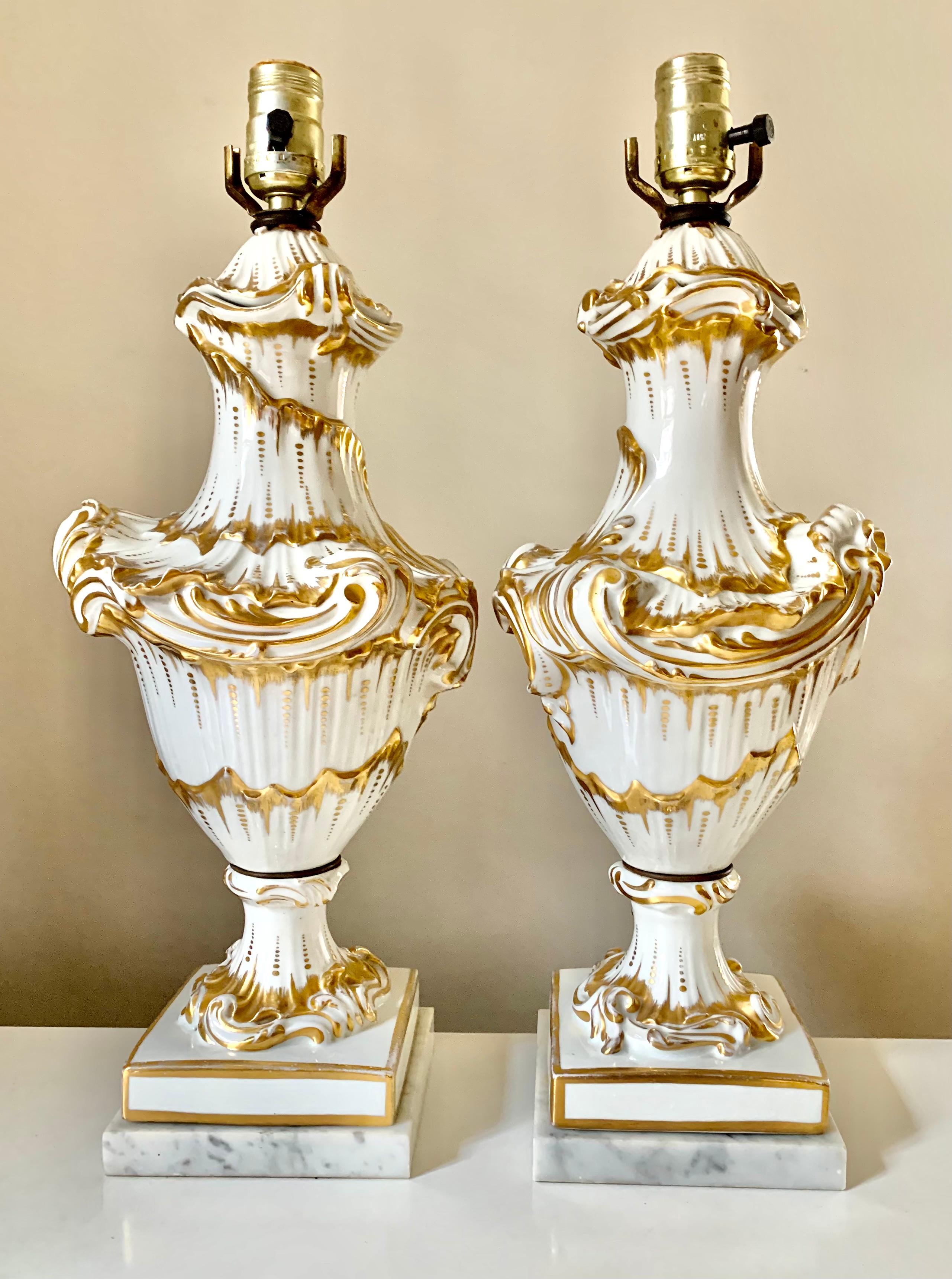 Fine Pair Rococo Style White and Gold Porcelain Table Lamps, 19th Century For Sale 10