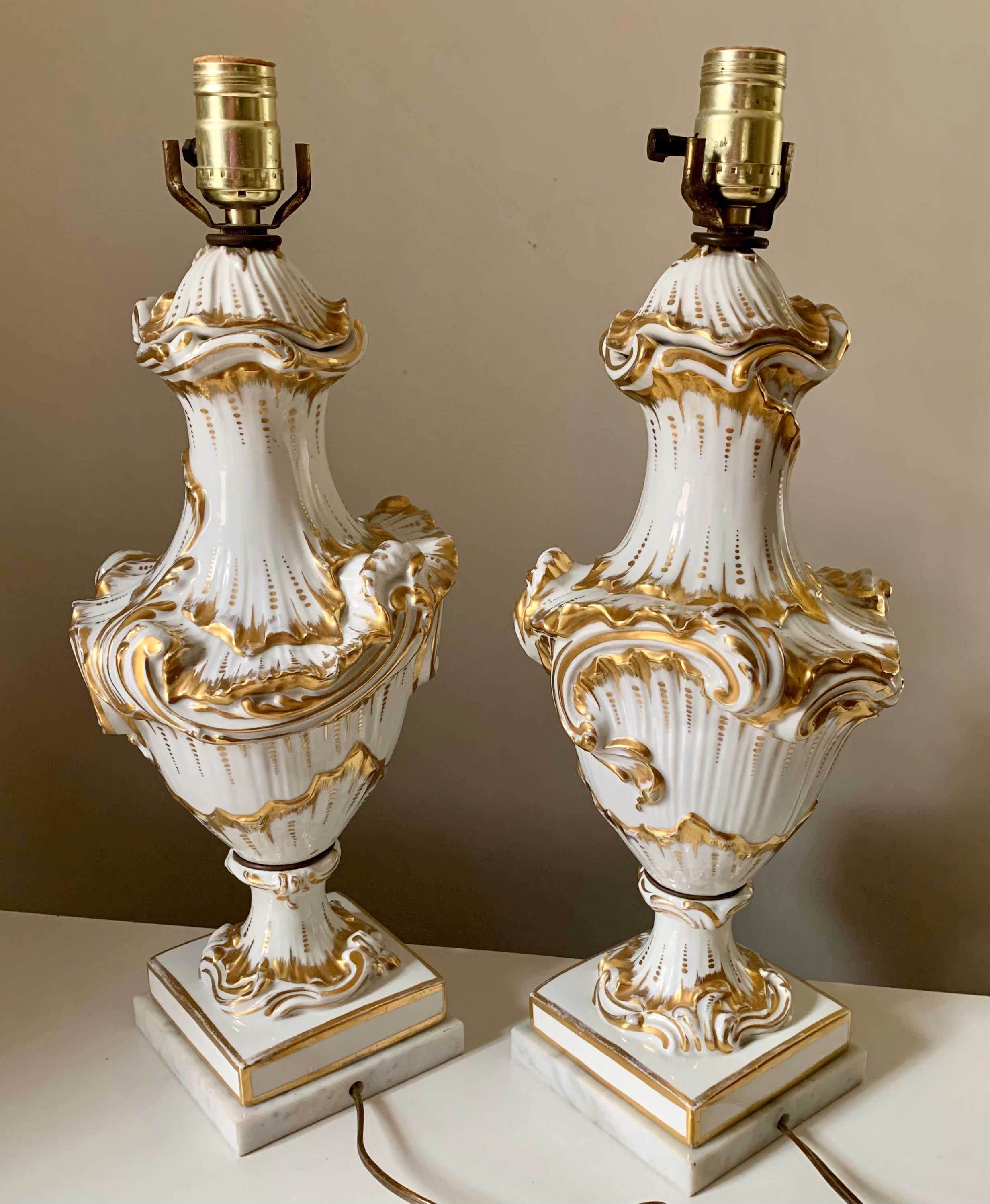 Fine Pair Rococo Style White and Gold Porcelain Table Lamps, 19th Century For Sale 2