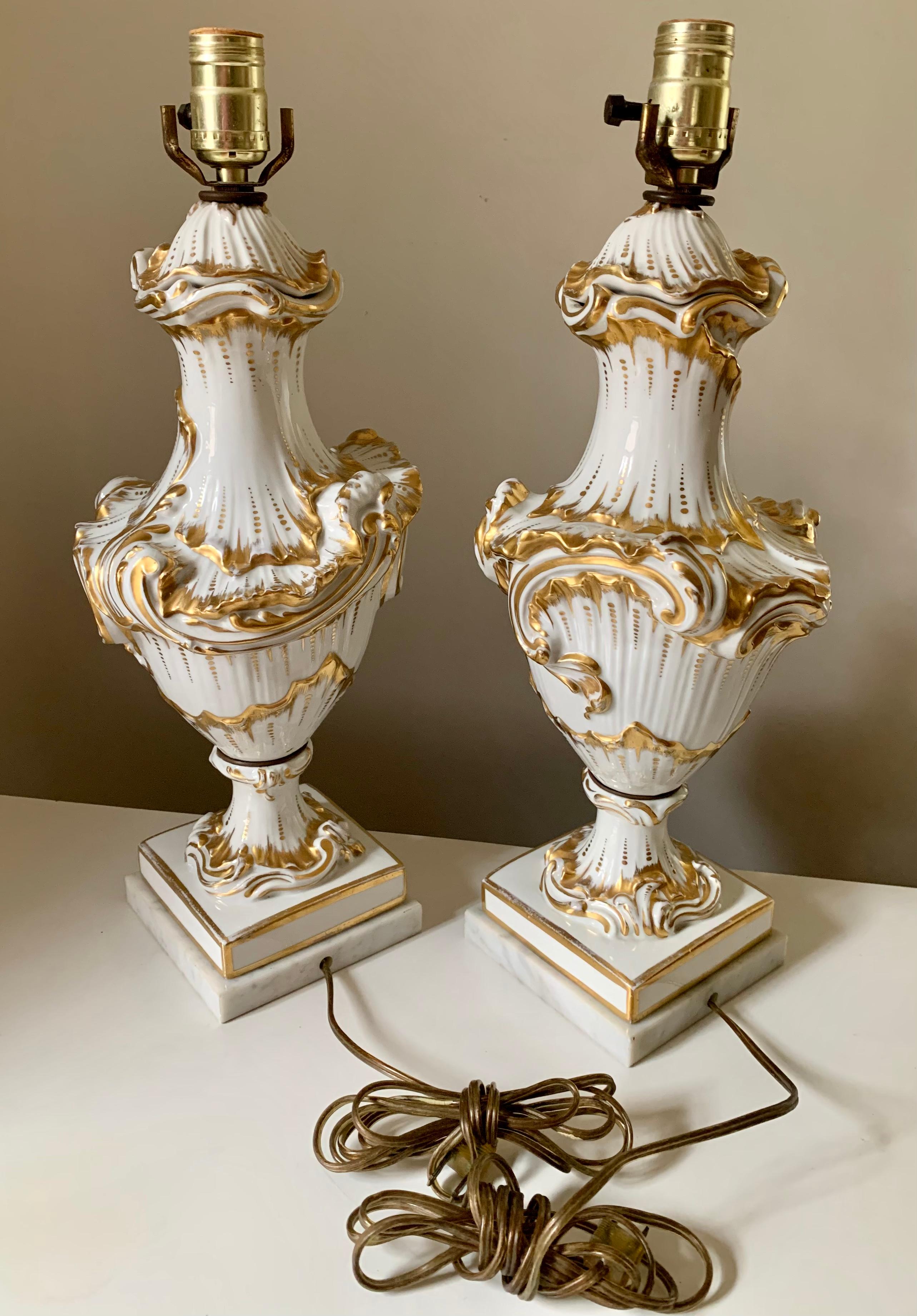 Fine Pair Rococo Style White and Gold Porcelain Table Lamps, 19th Century For Sale 3