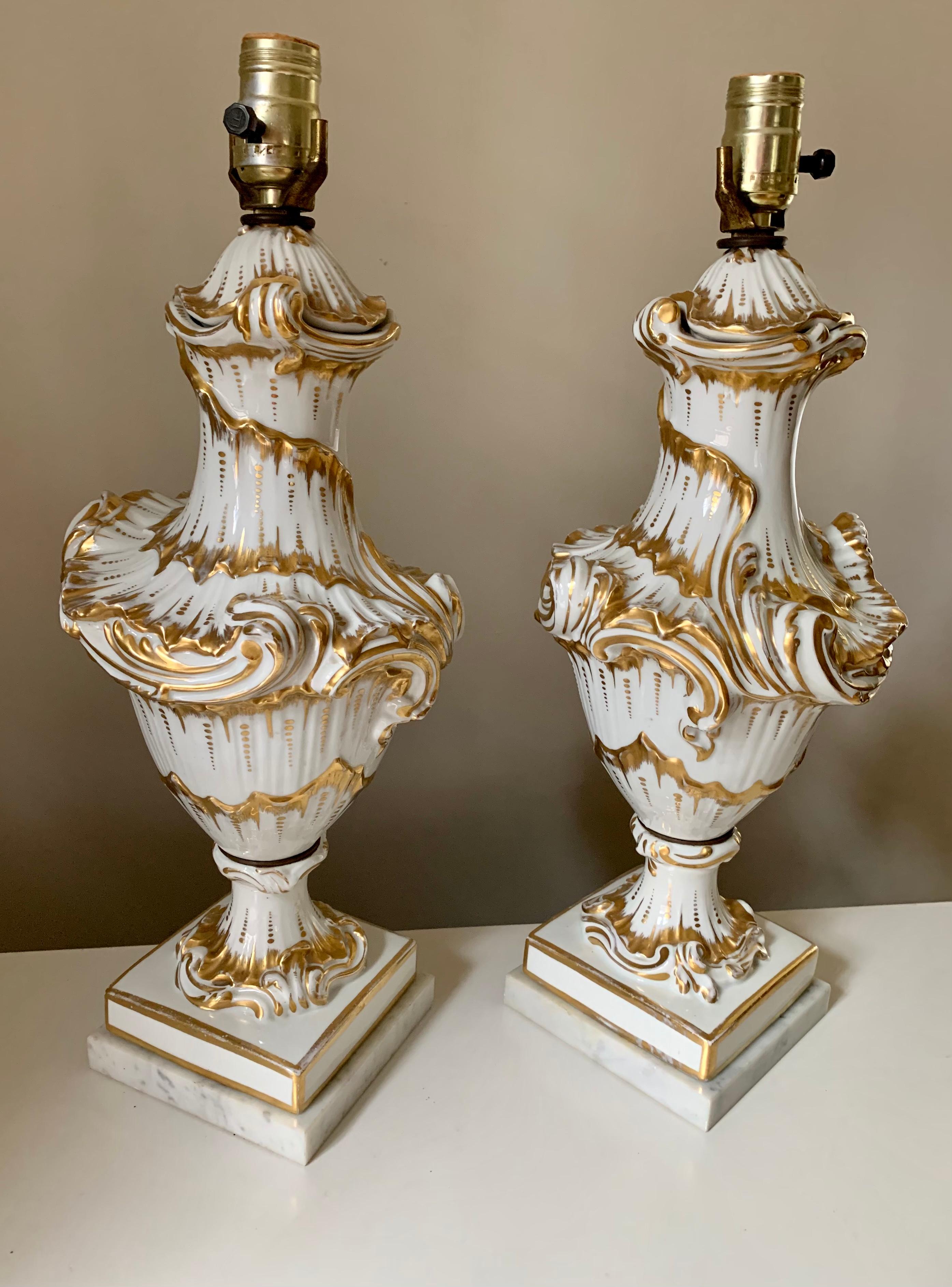 Fine Pair Rococo Style White and Gold Porcelain Table Lamps, 19th Century For Sale 4