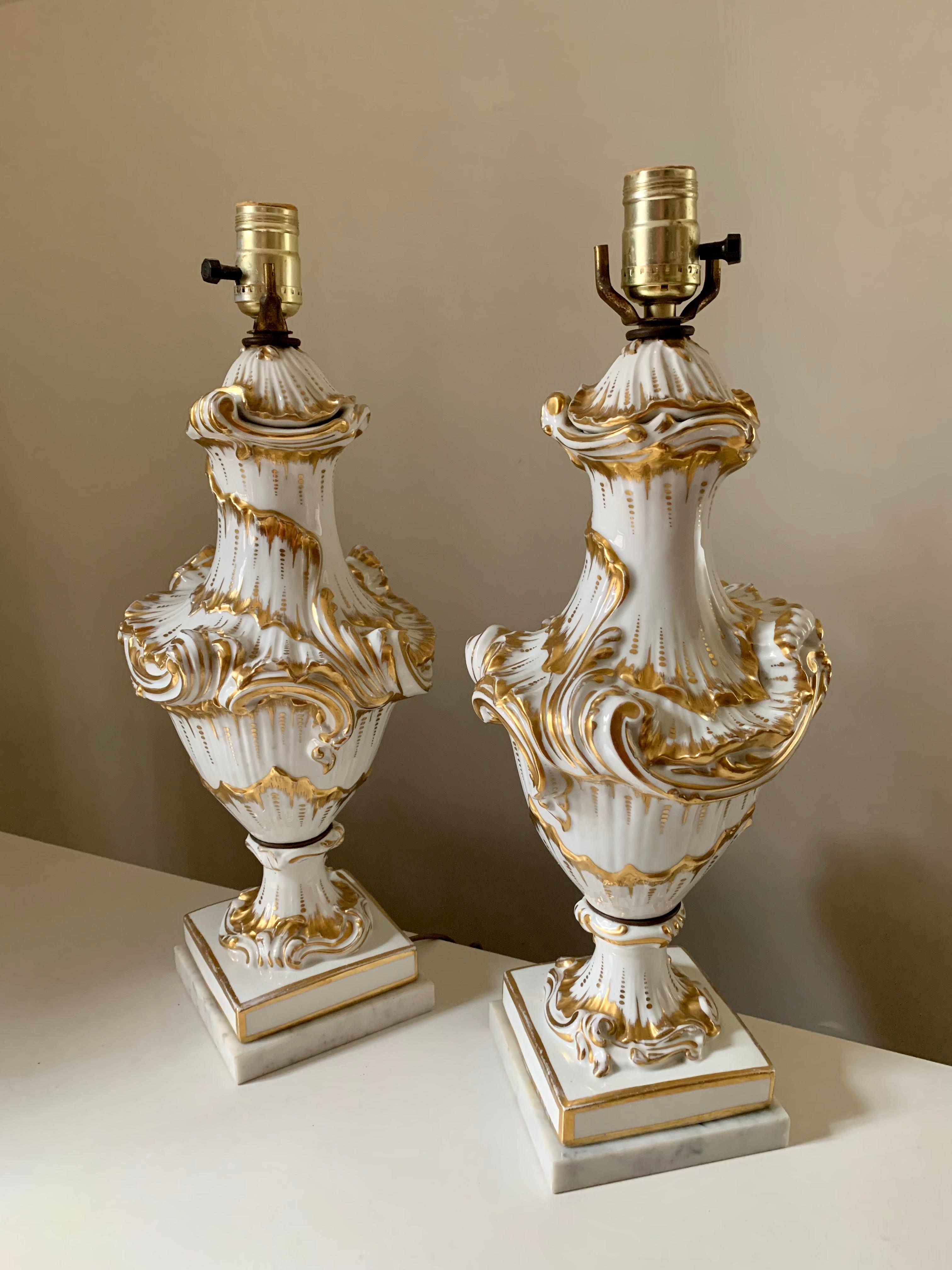 Fine Pair Rococo Style White and Gold Porcelain Table Lamps, 19th Century For Sale 5