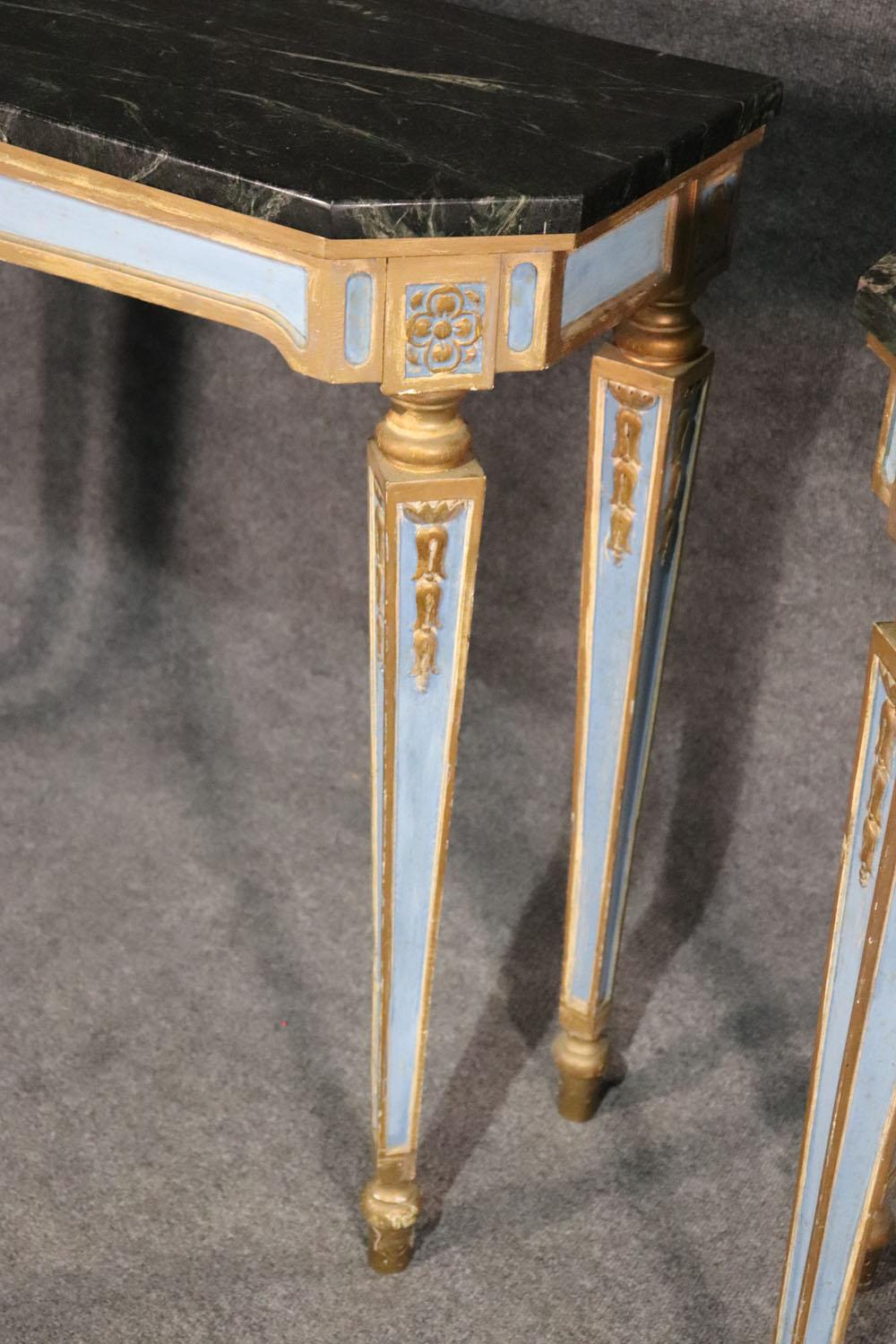 Fine Pair of Russian Paint Decorated and Gilded Marble-Top Console Tables 1