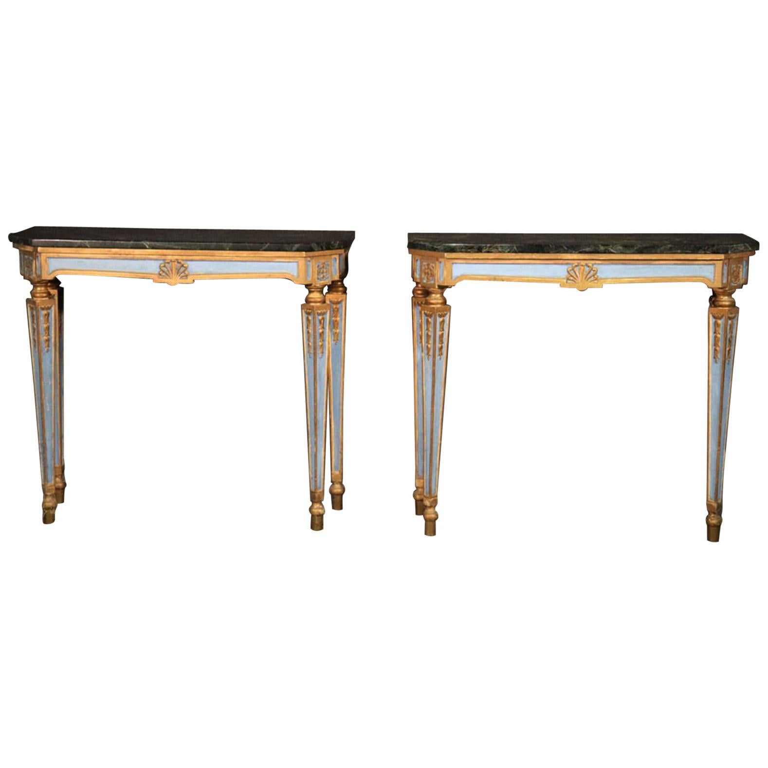 Fine Pair of Russian Paint Decorated and Gilded Marble-Top Console Tables