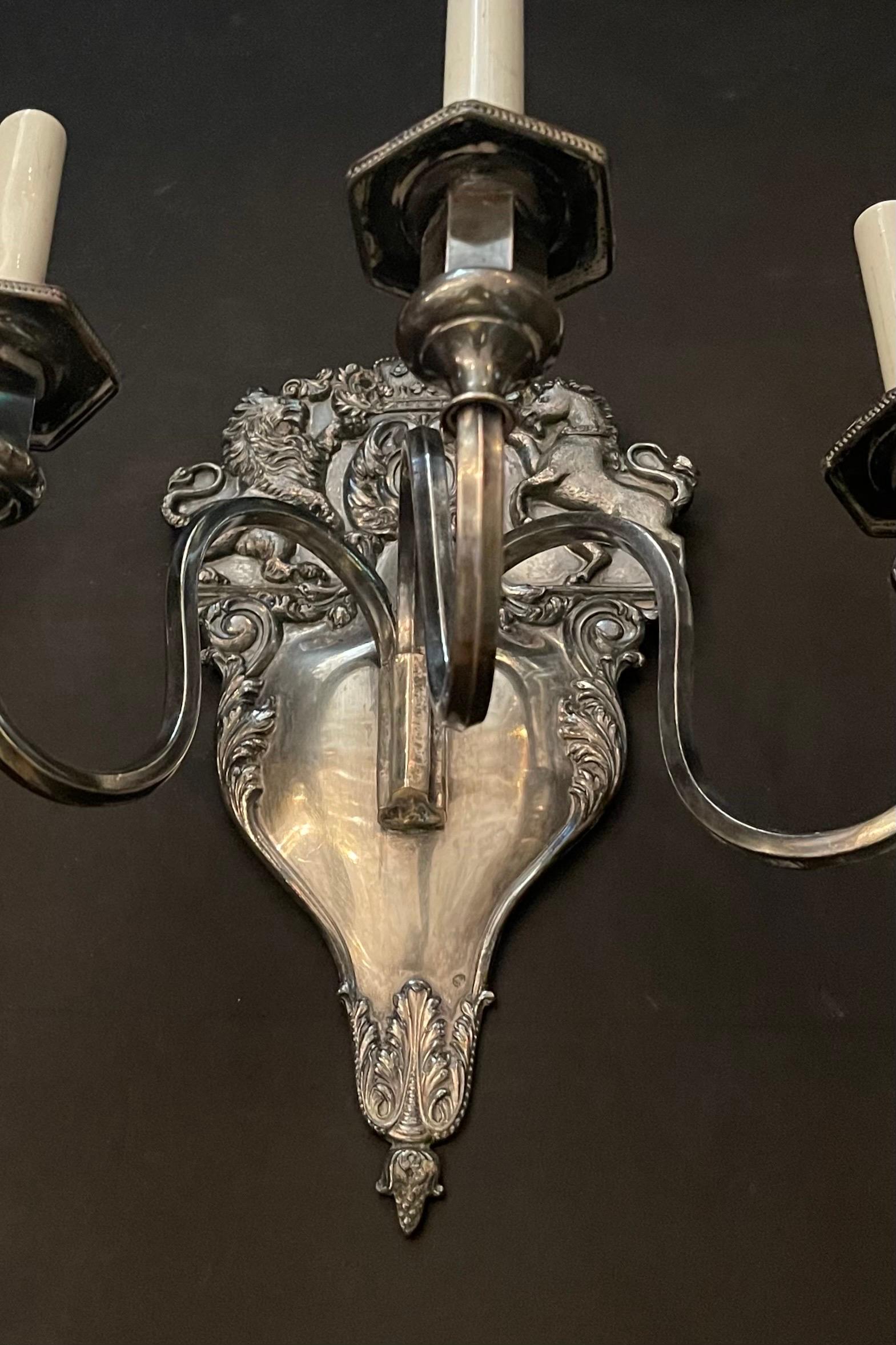 20th Century Fine Pair Sheffield English Silver Plated Lion Unicorns Horse Shield Sconces For Sale