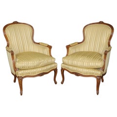 Fine Pair Silk Upholstered Carved Walnut Louis XV Style Bergère Chairs