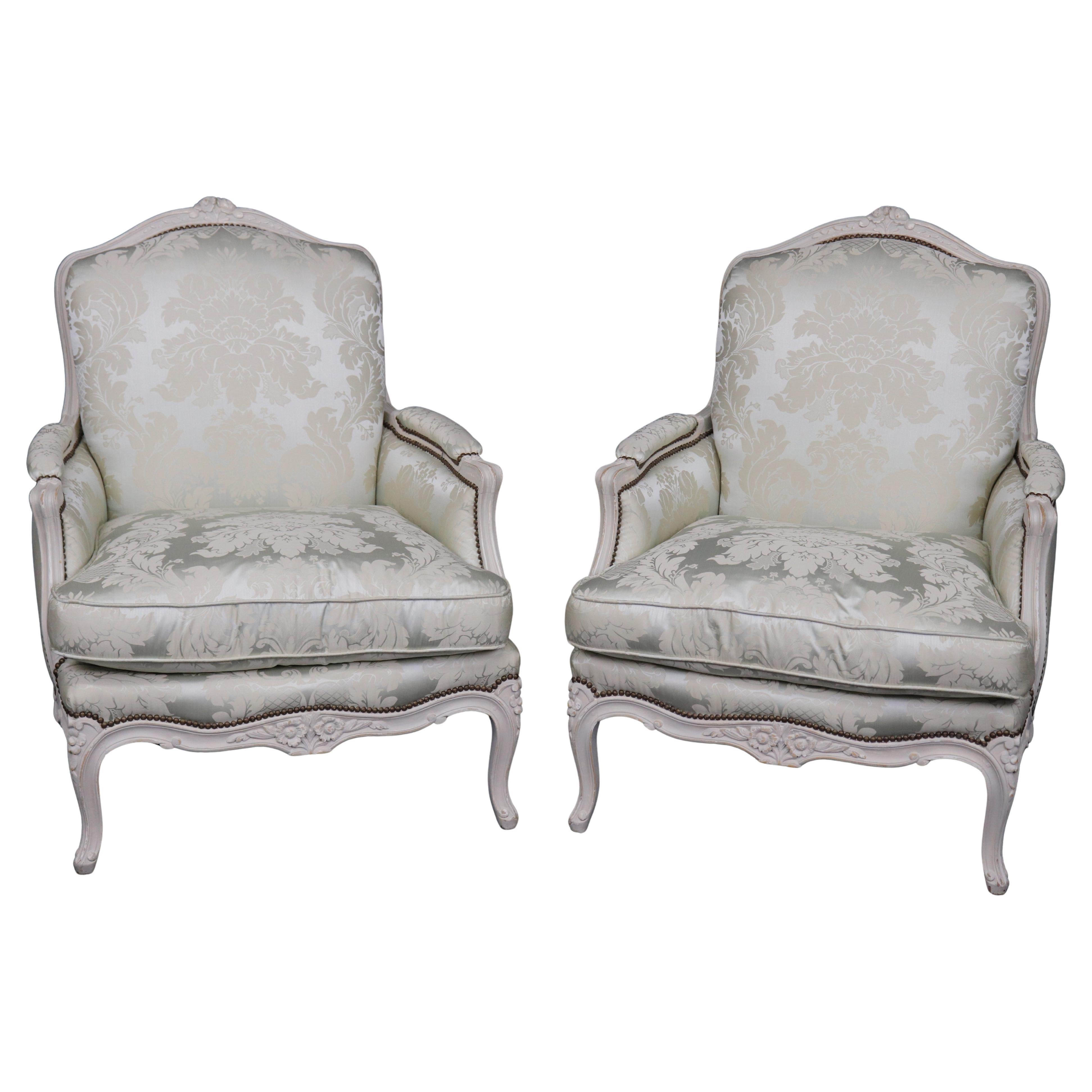 Fine Pair Silk Upholstered Maison Jansen Attributed Large Scale Bergere Chairs