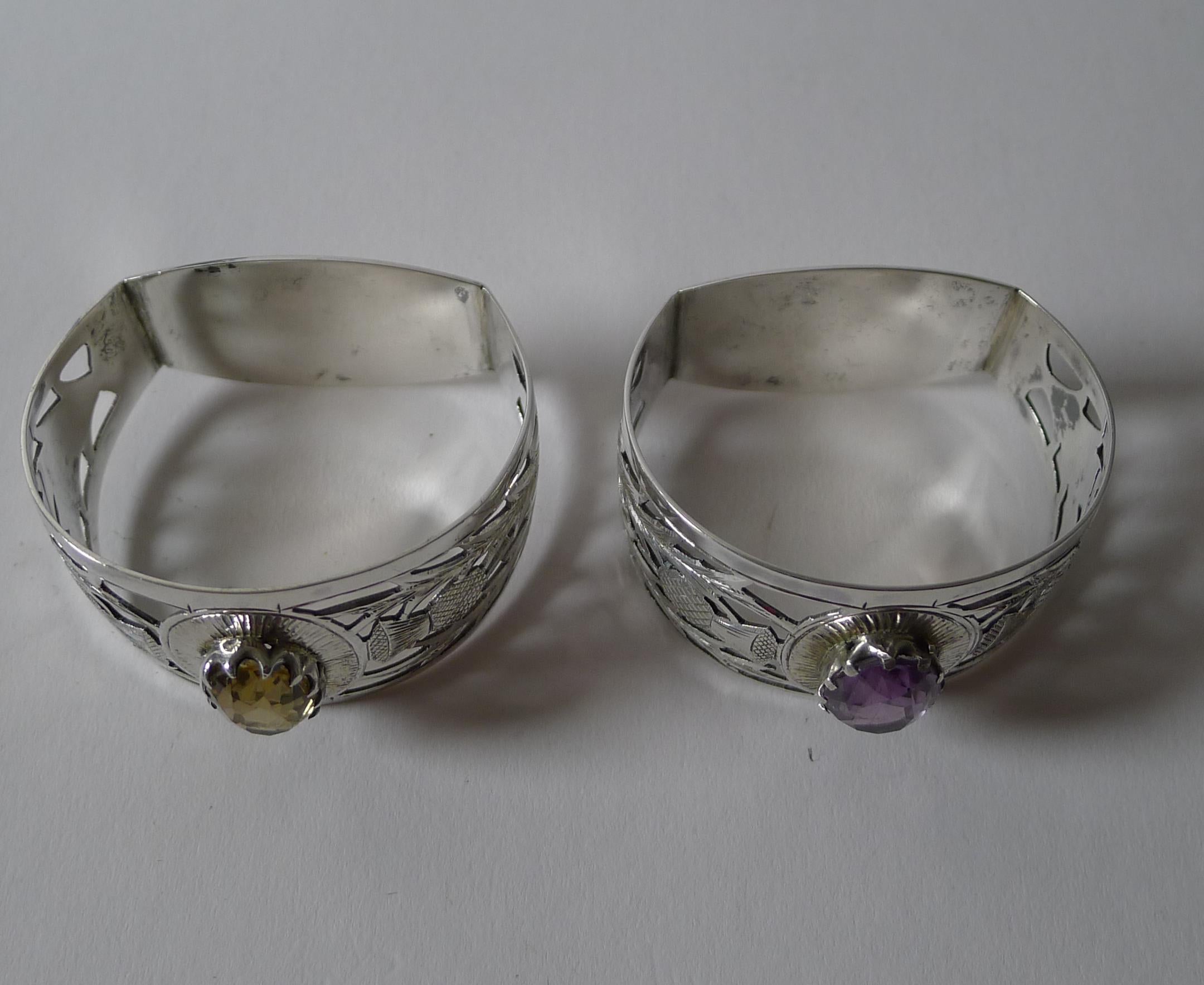 Fine Pair Silver & Cairngorm Stone Napkin Rings - 1927 en venta 5