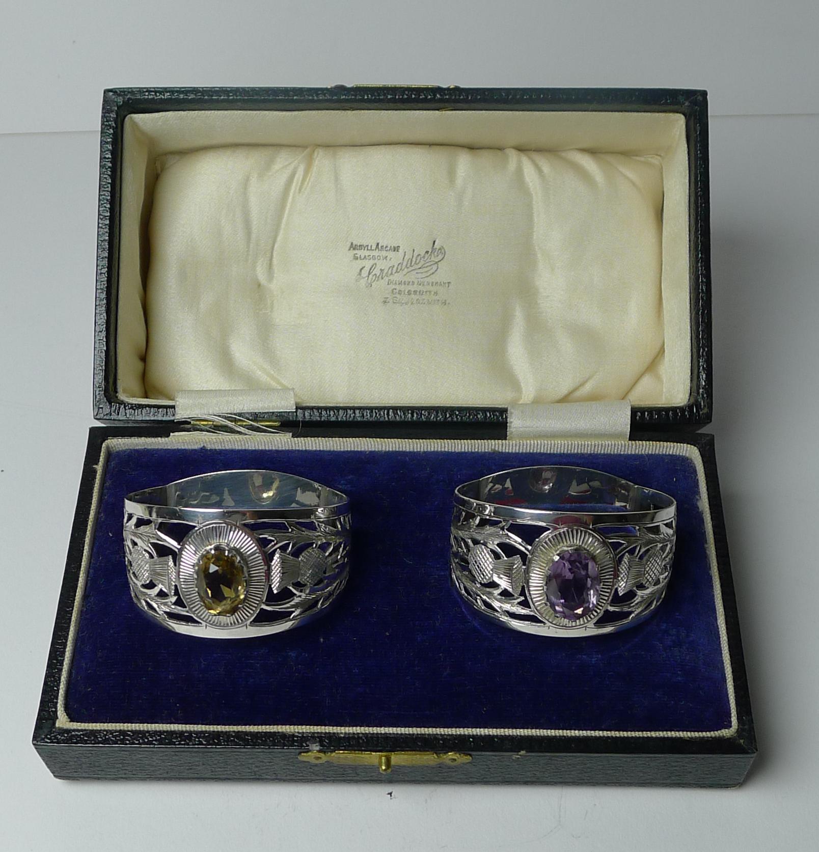 Fine Pair Silver & Cairngorm Stone Napkin Rings - 1927 en venta 1