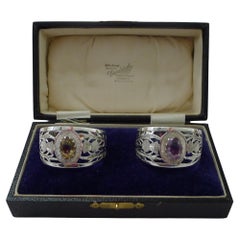 Antique Fine Pair Silver & Cairngorm Stone Napkin Rings - 1927
