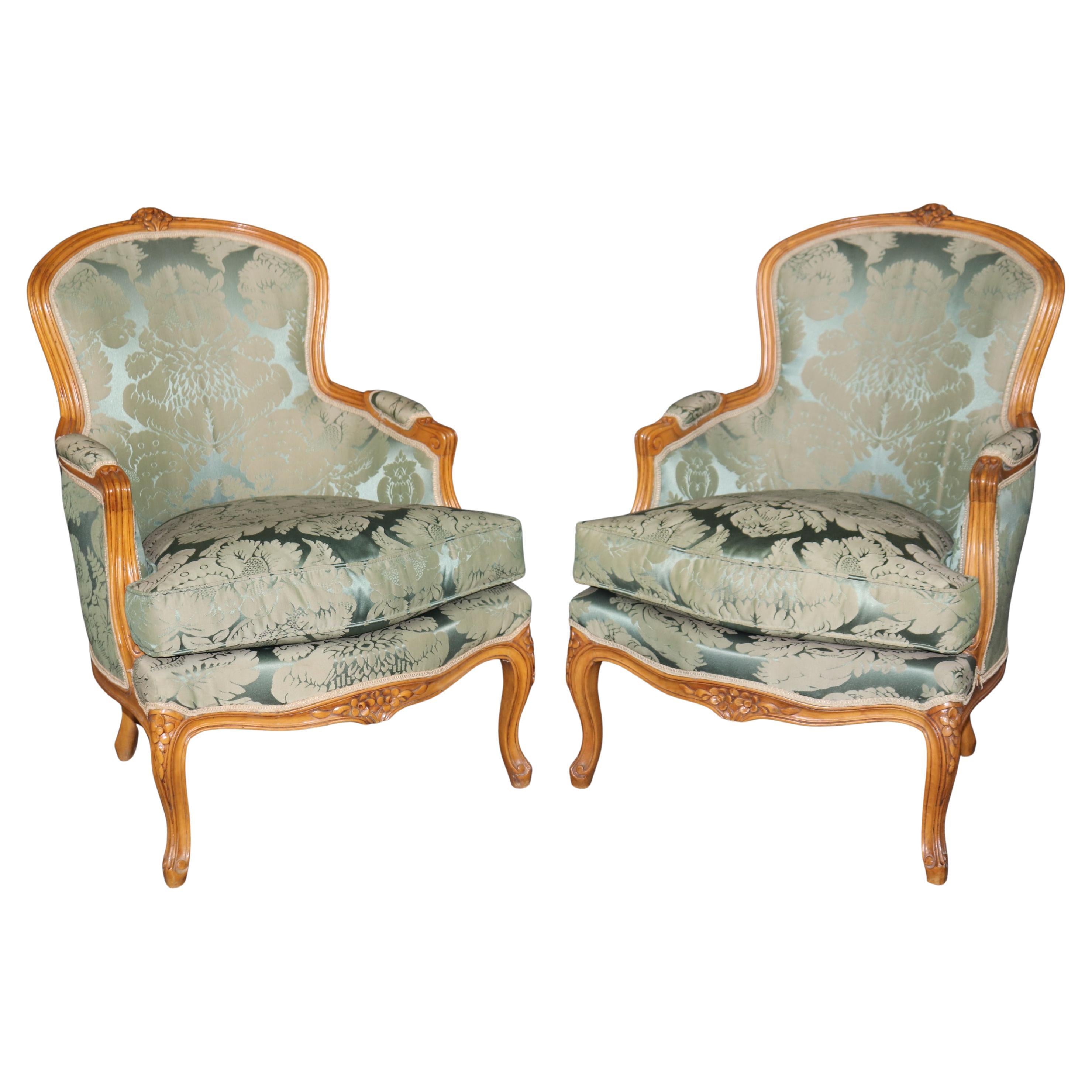 Fine Pair Smaller French Carved Walnut and Silk Damask Louis XV Bergere Chairs