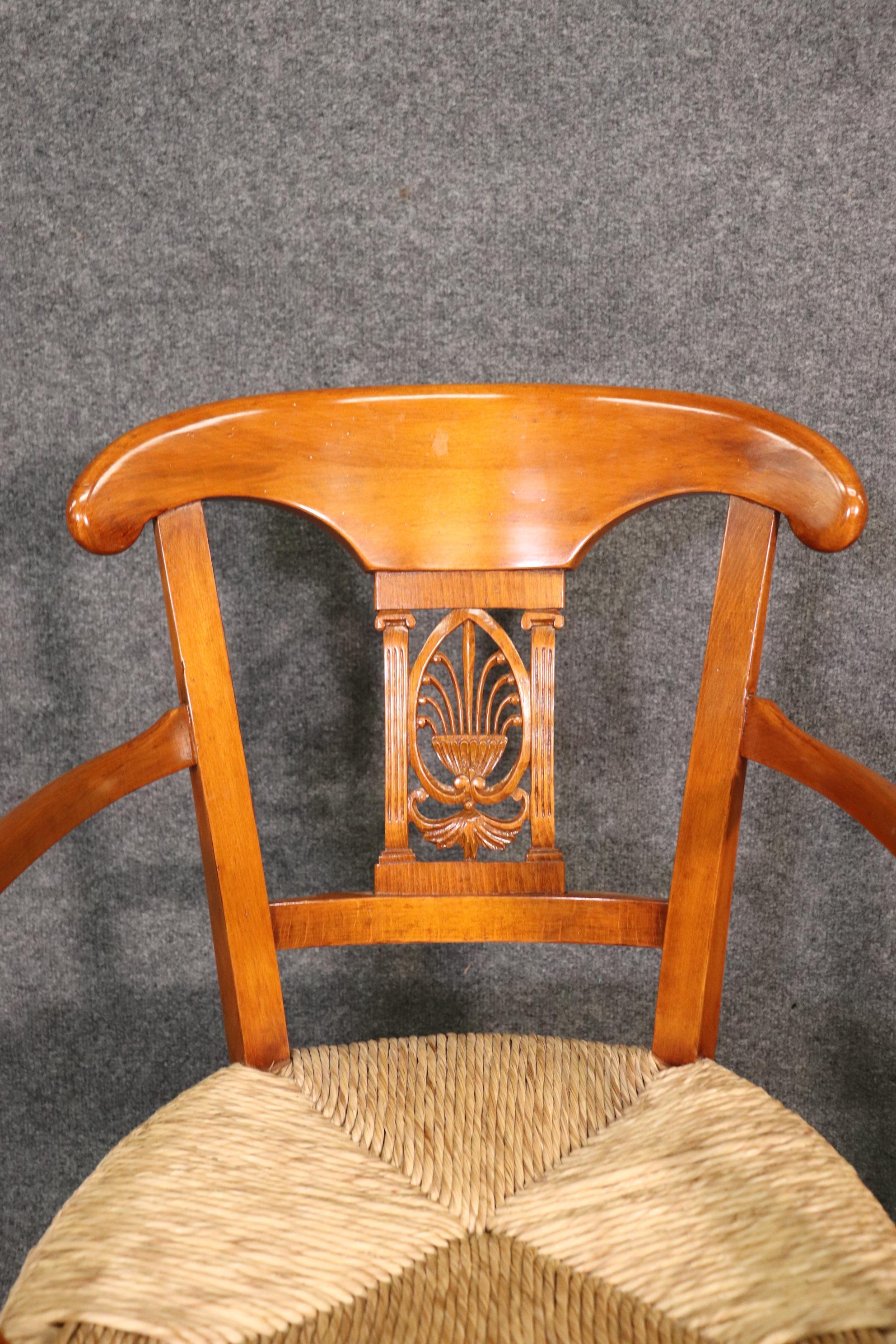 Fine Pair Solid Walnut French Directoire Rush Seated Armchairs For Sale 5