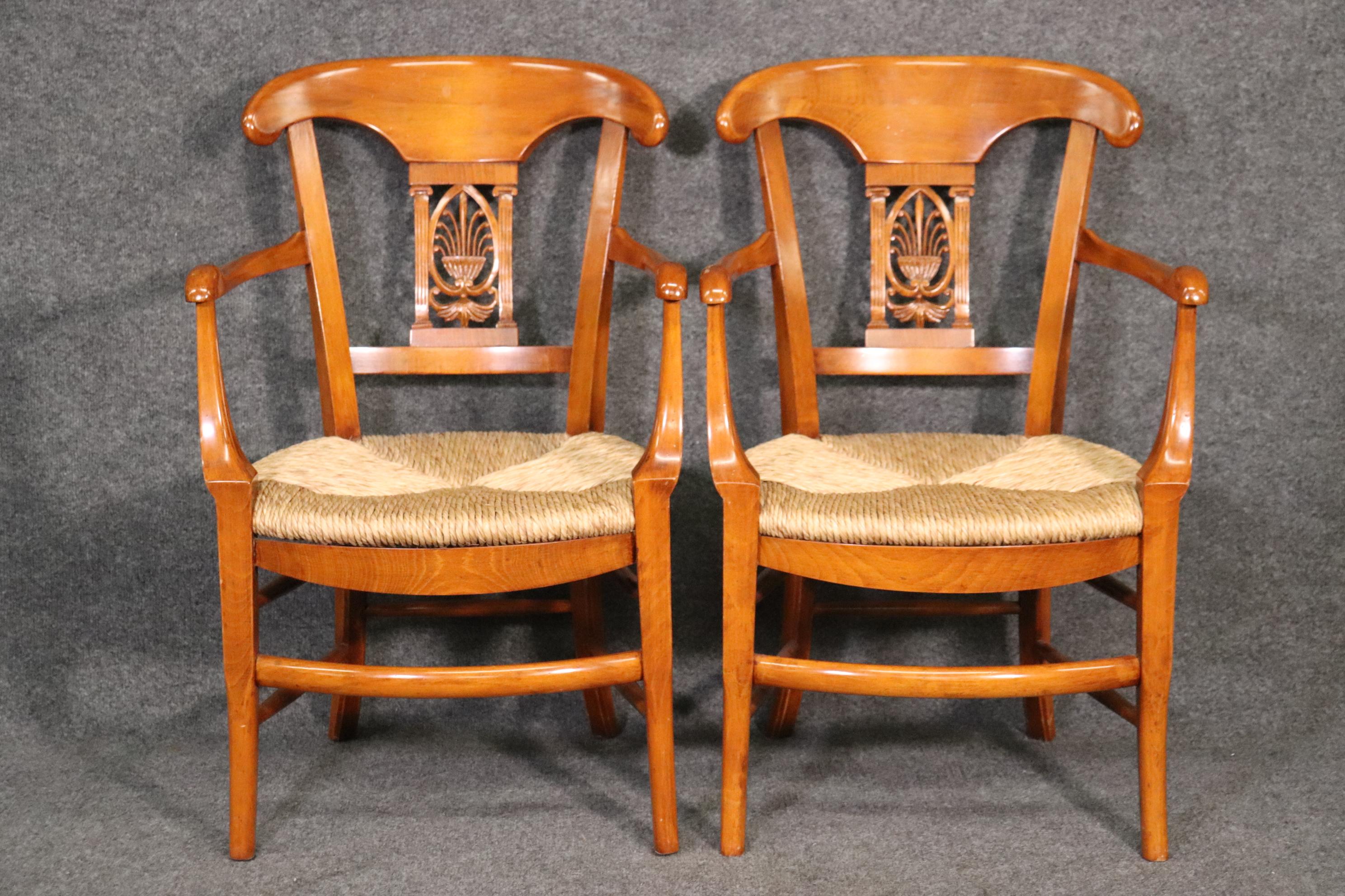 European Fine Pair Solid Walnut French Directoire Rush Seated Armchairs For Sale