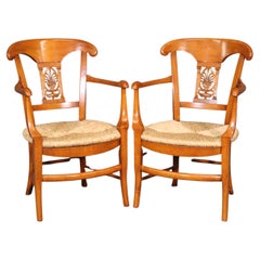 Antique Fine Pair Solid Walnut French Directoire Rush Seated Armchairs