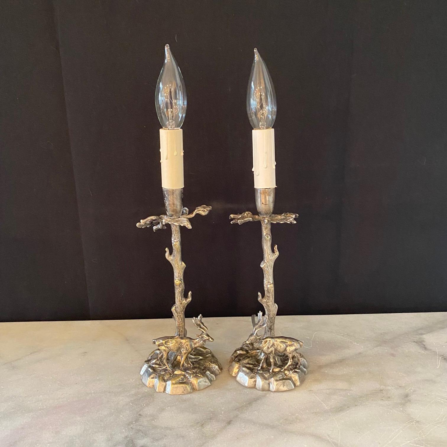  Fine Pair Valenti Style Spanish Silver Plated Bronze Deer Sculpture Lamps  In Good Condition For Sale In Hopewell, NJ