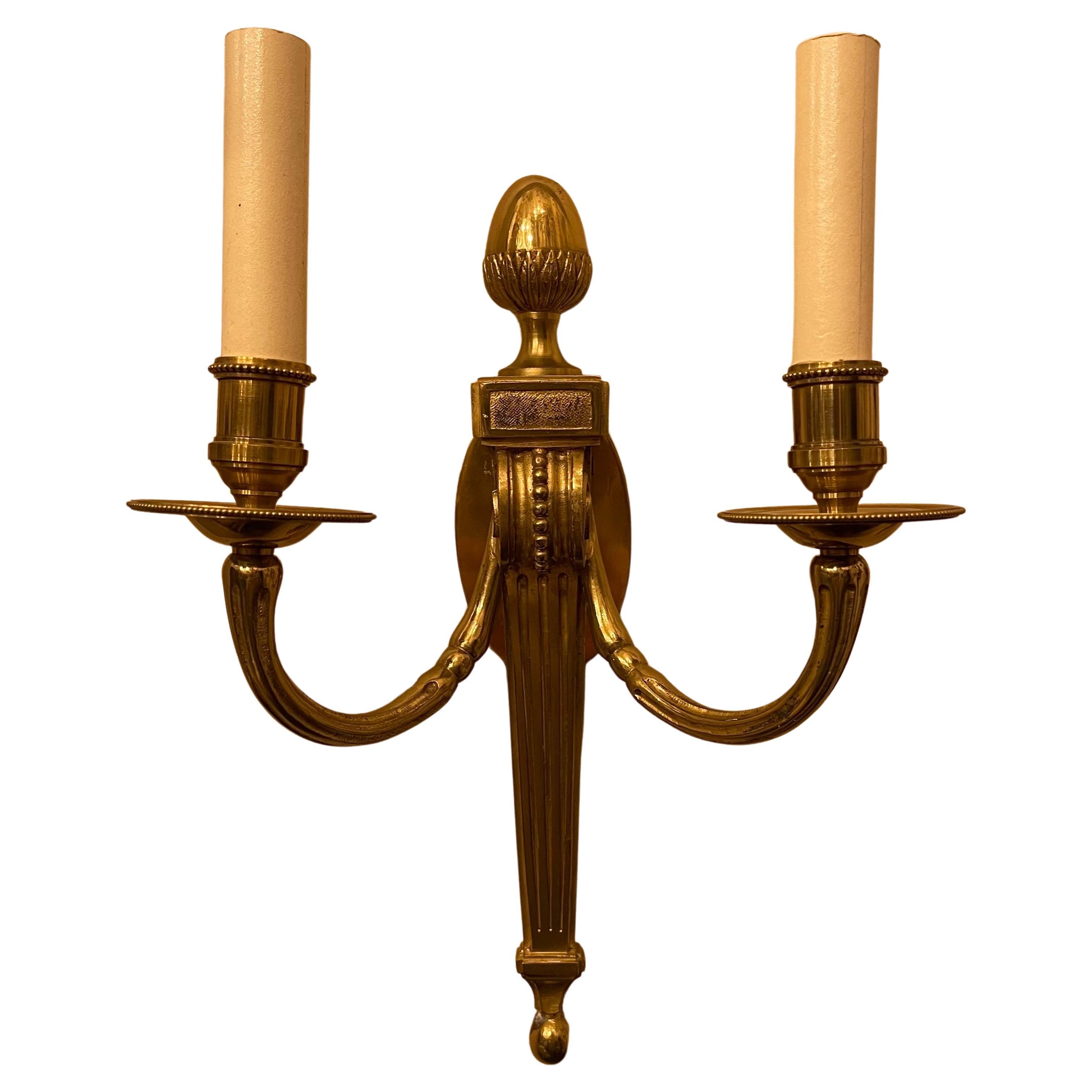 A Wonderful Pair Of Vaughan Designs French Empire Neoclassical bronze Urn two Candelabra Sconces with finaial top.