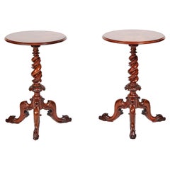 Fine Pair Victorian Burr Walnut & Carved Lamp Tables