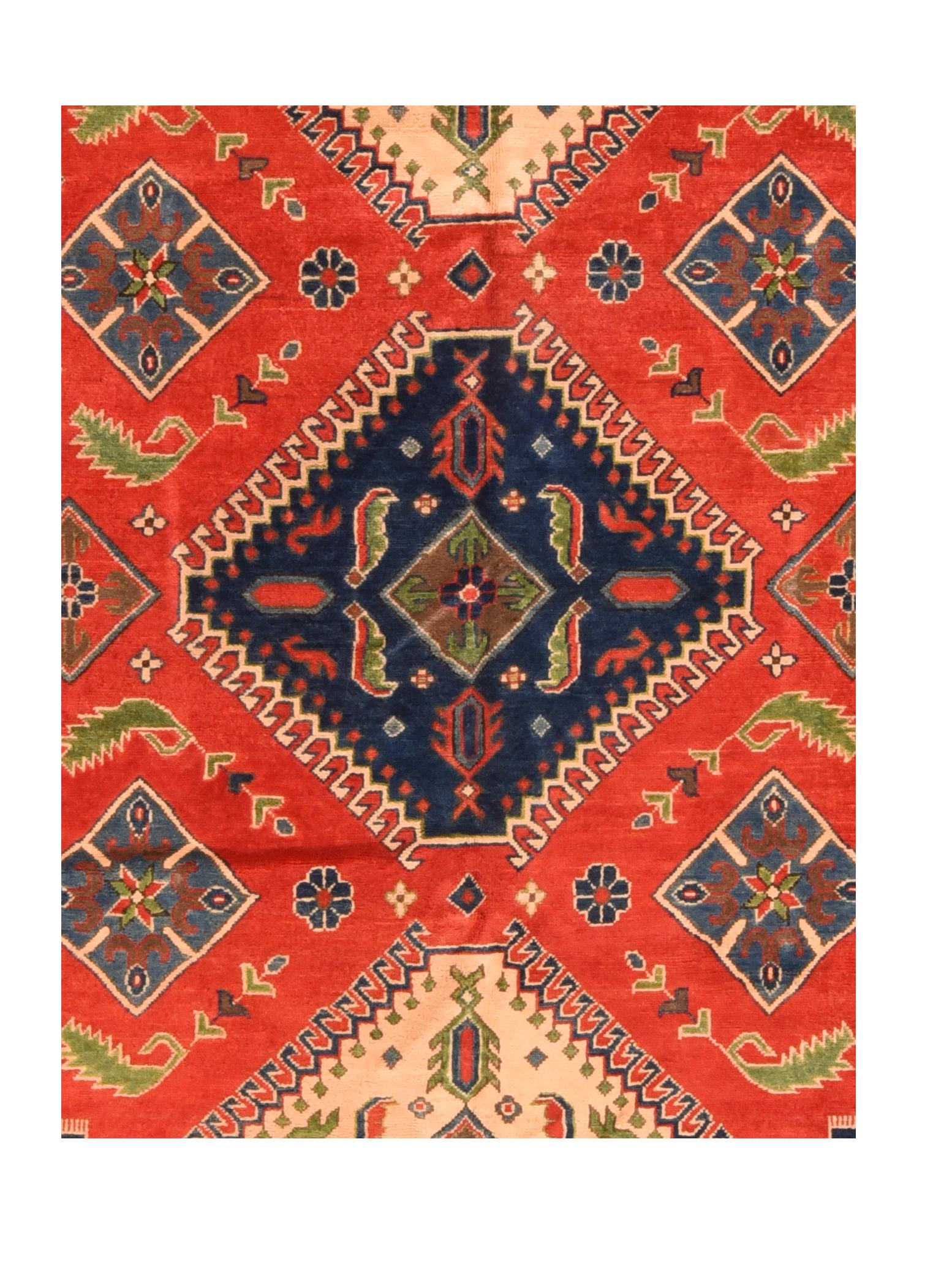Fine Pak red Kazak Pakistani rug, hand knotted

Design: Three Diamond

A Pakistani rug (Pak Persian rug or Pakistani carpet) is a type of handmade floor-covering textile traditionally made in Pakistan

The art of weaving developed in the