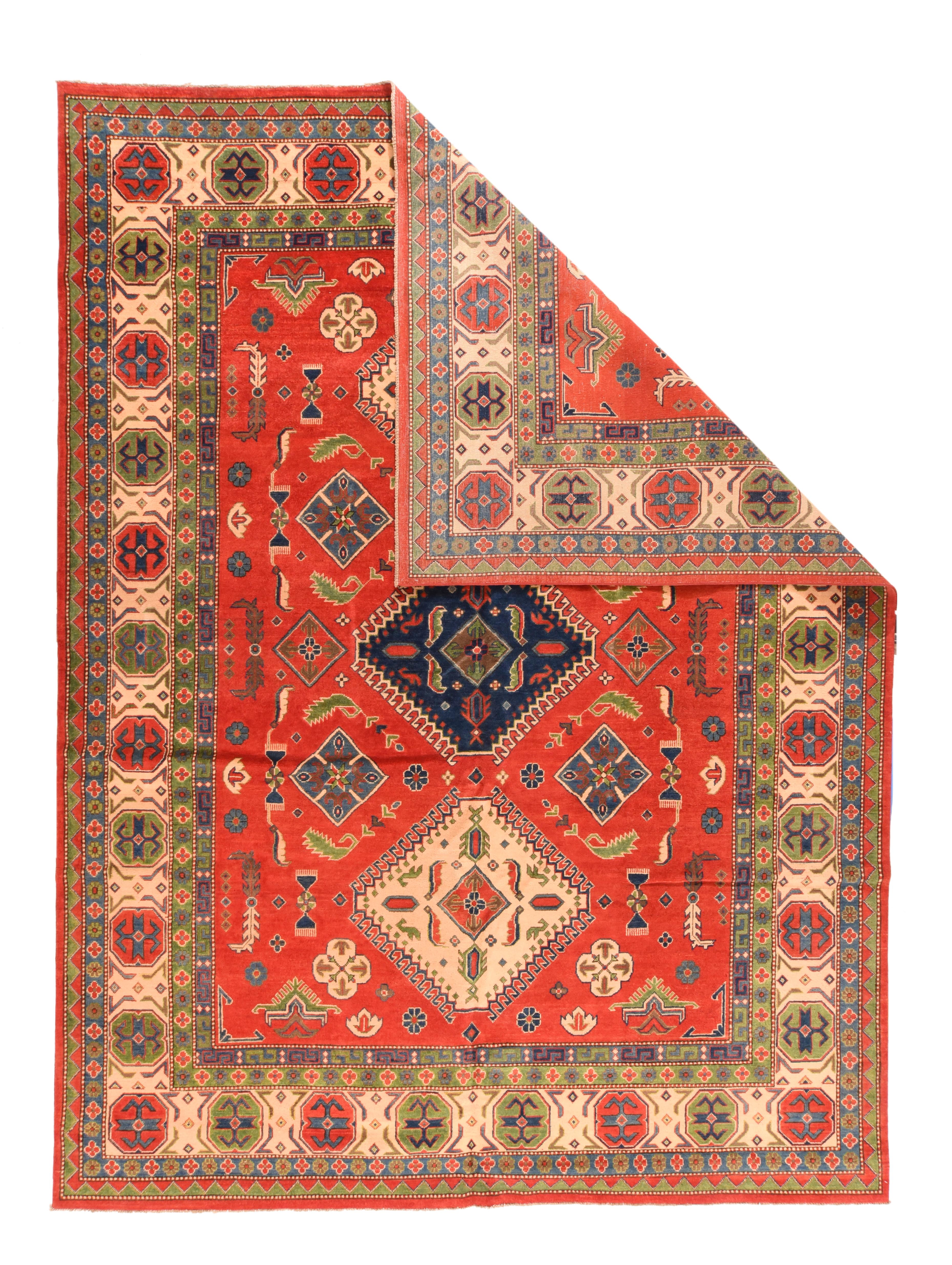 Hand-Knotted Fine Pak Red Kazak Pakistani Rug, Hand Knotted For Sale