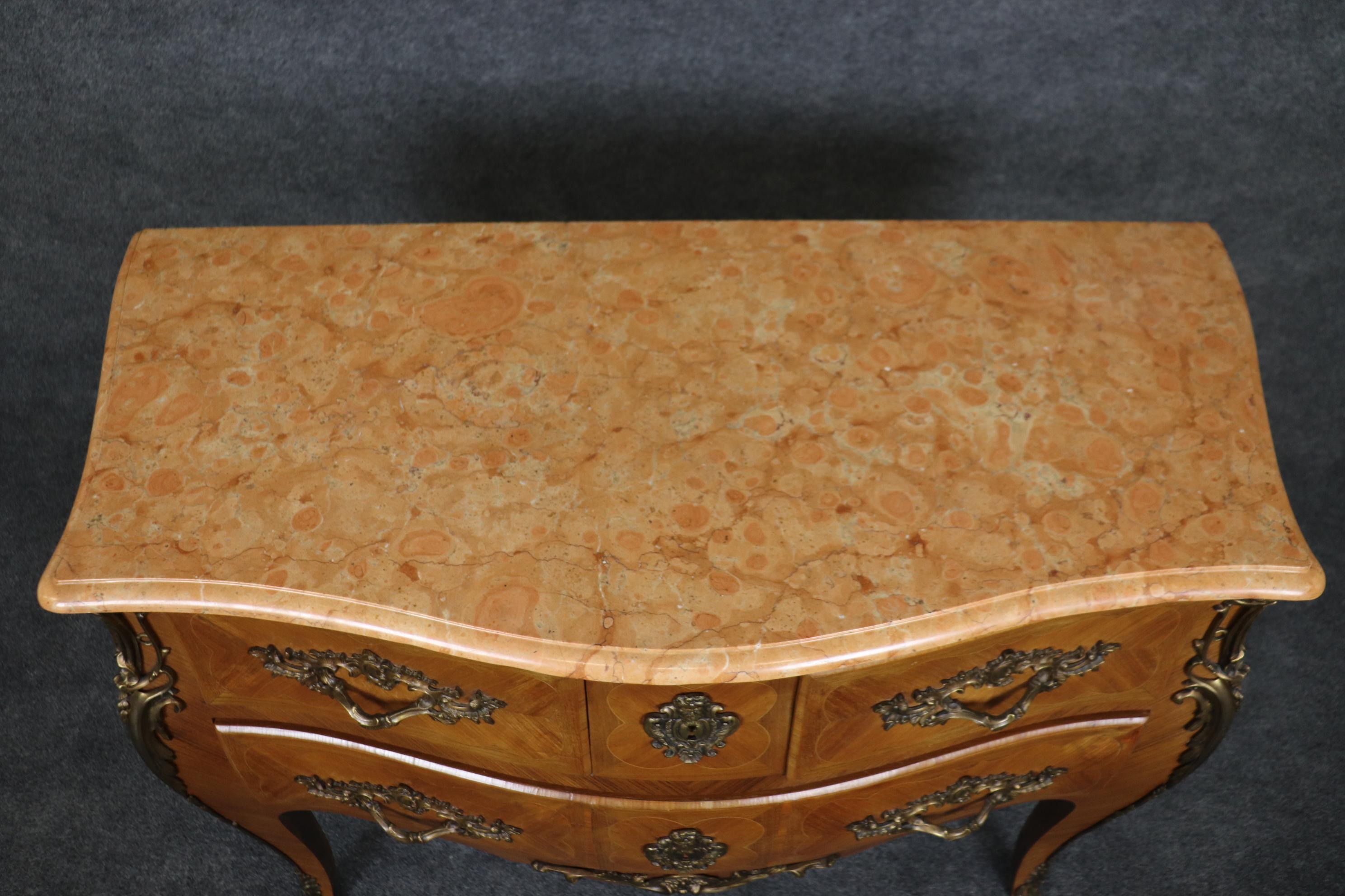 Fine Pale Walnut French Louis XV bronze Mounted Marble Top 3 Drawer Commode  In Good Condition For Sale In Swedesboro, NJ